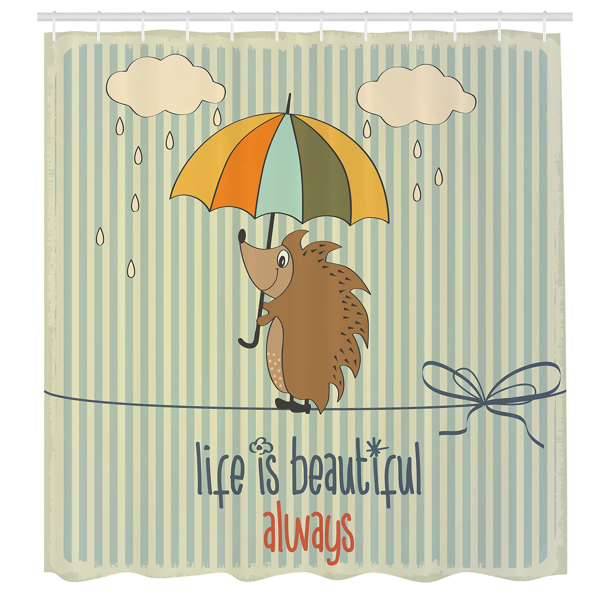 Ambesonne Saying Shower Curtain, Hedgehog With Umbrella Under Rain And Phrase Life Is Always Art Print, Cloth Fabric Bathroom De