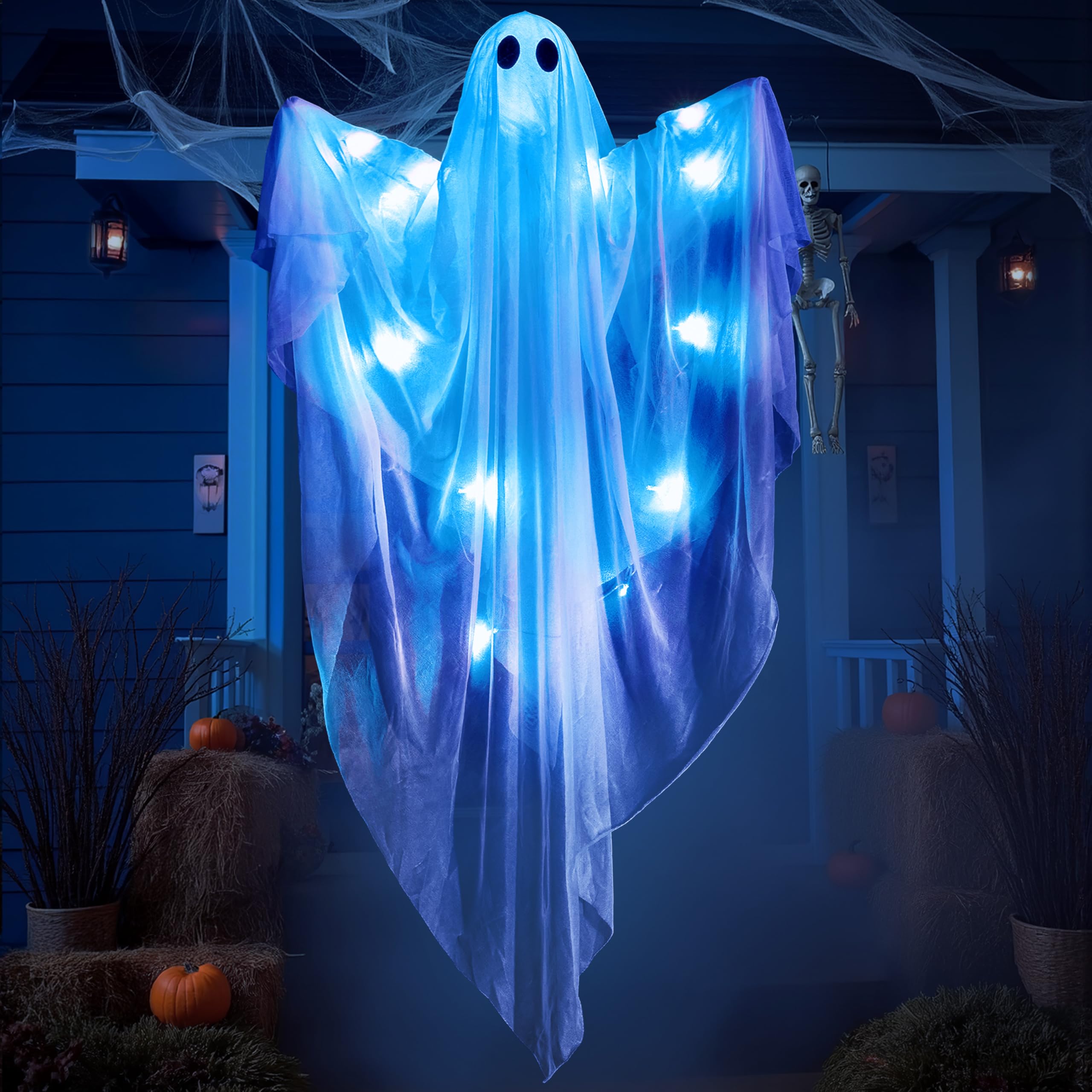 JOYIN Halloween Hanging Light up Ghost with Spooky Blue LED Light, 47    White Ghosts Halloween Hanging Decoration for Front Yar