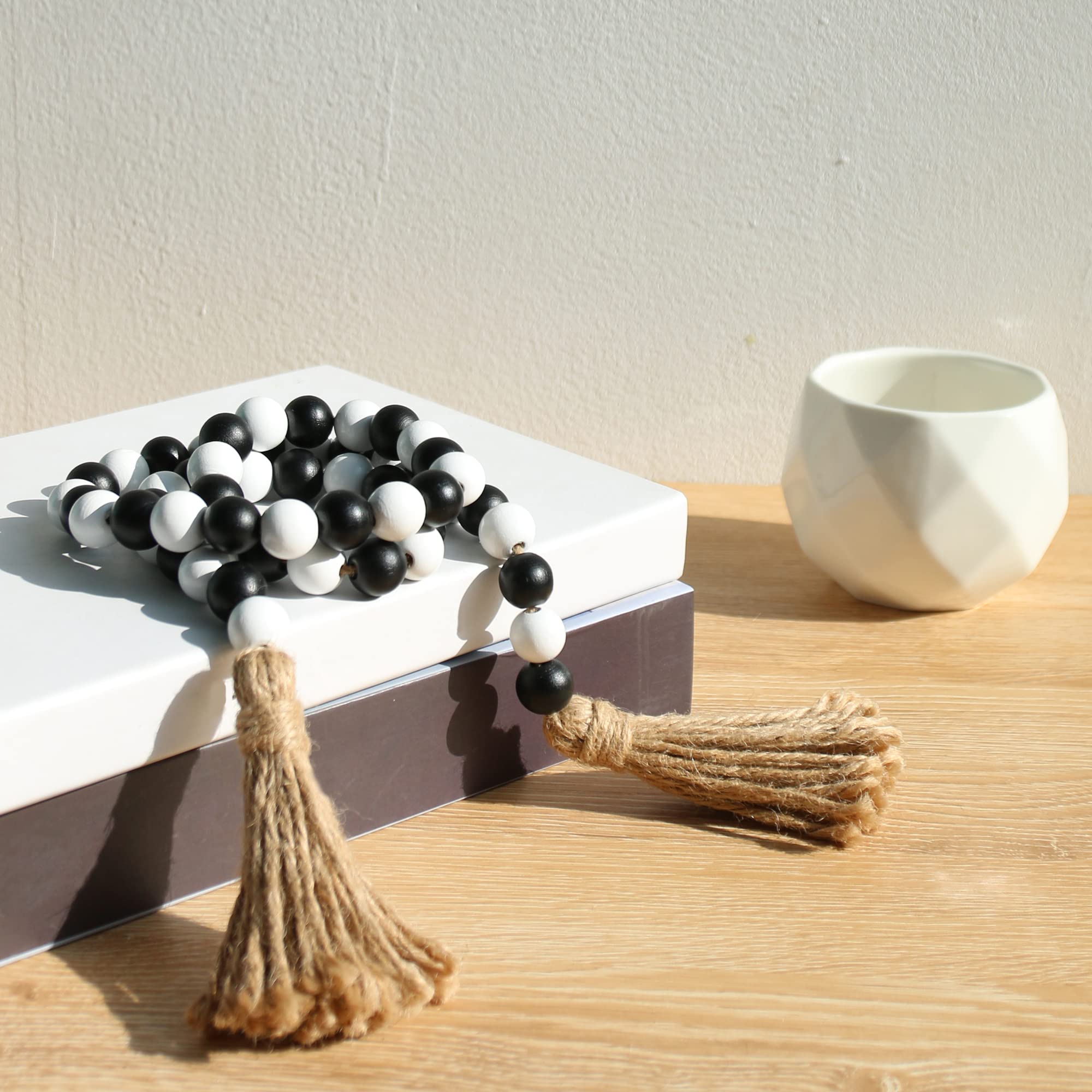 Easter Wood Bead Garland with Tassels, Farmhouse Rustic Decor Spring Beads Garland Decor for Spring Tiered Tray Fireplace Shelf