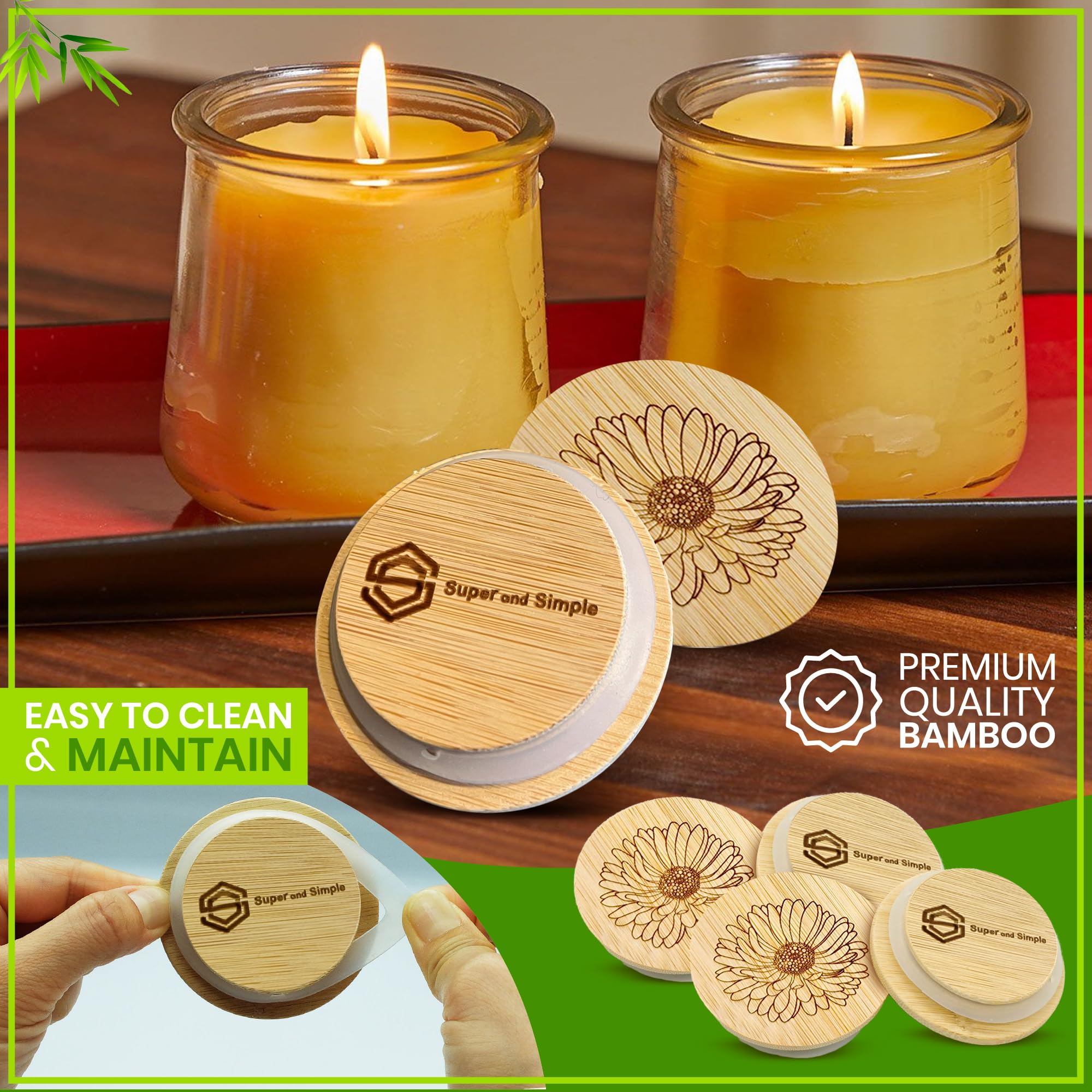 Super and Simple Oui Yogurt Jar Lids, 4-Piece Bamboo Set with Silicone Sealing Rings, Natural Color, Model 1