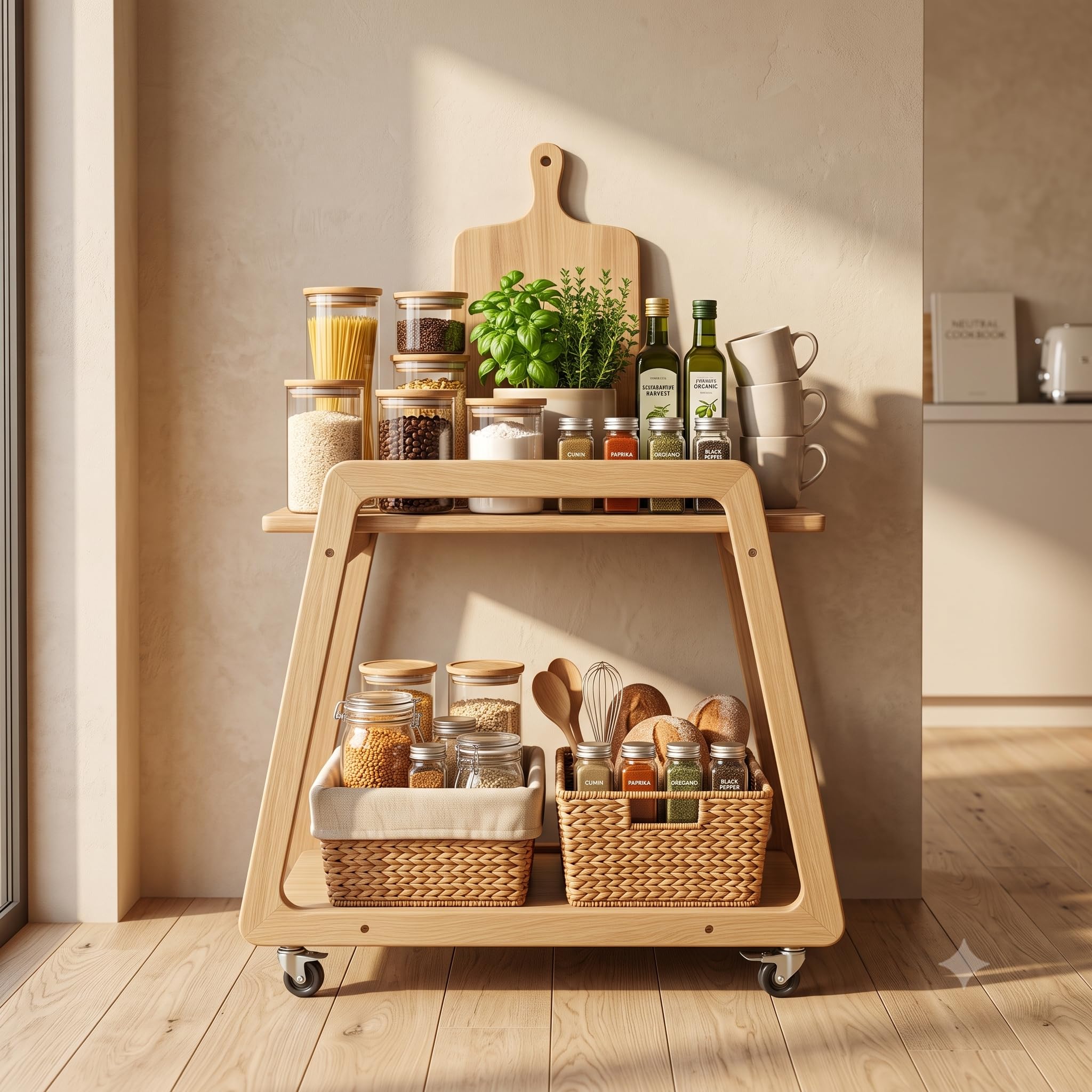 Rarestcorp Multipurpose Wood Trolley Storage Organiser And Kitchen Supplies Fruits, Vegetables, Onions, Cutlery, And A Trapezoid