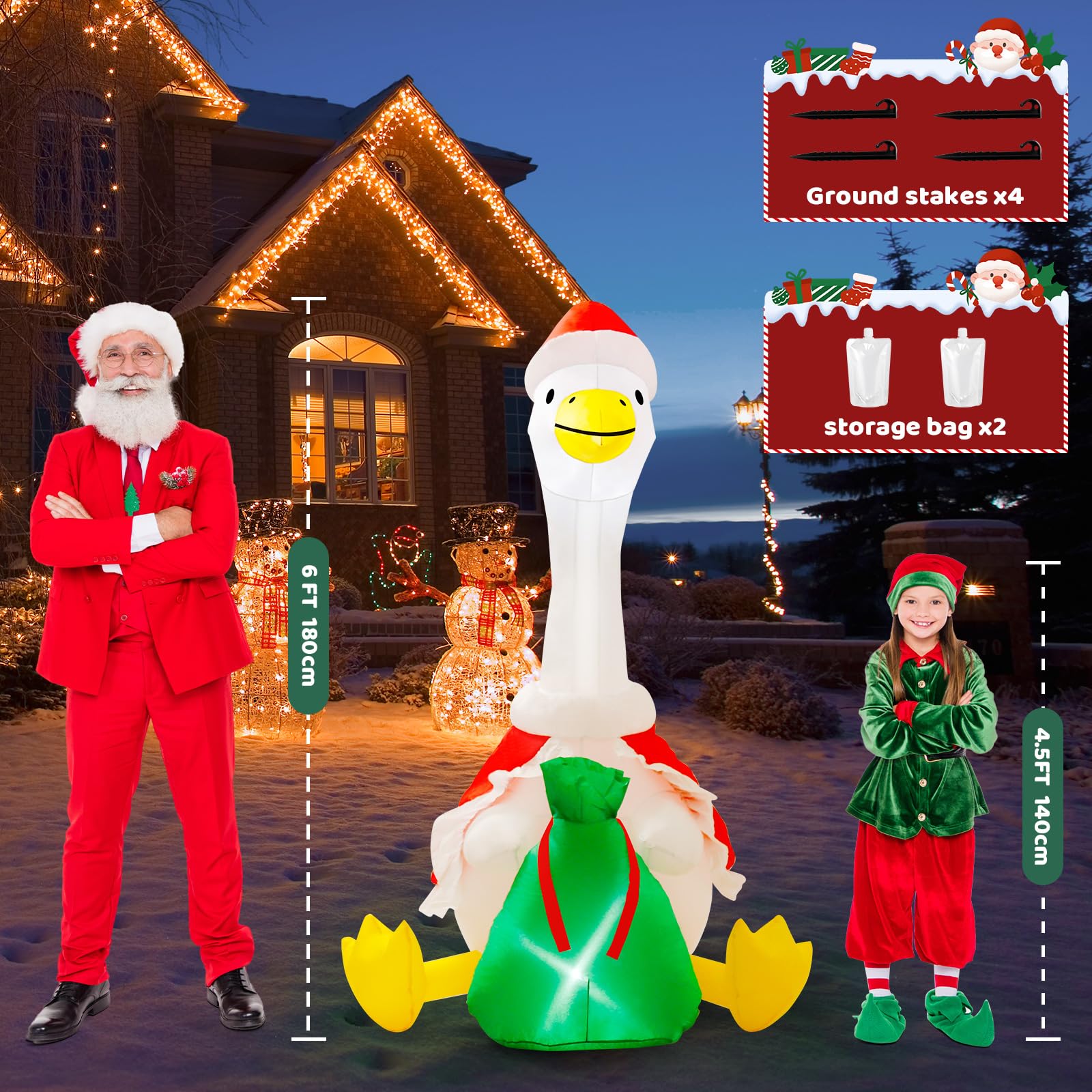 6 ft Christmas Porch Goose Inflatable Outdoor Decoration Large Xmas Cute Silly Goose Blow up Yard Decor with Built-in LED Light