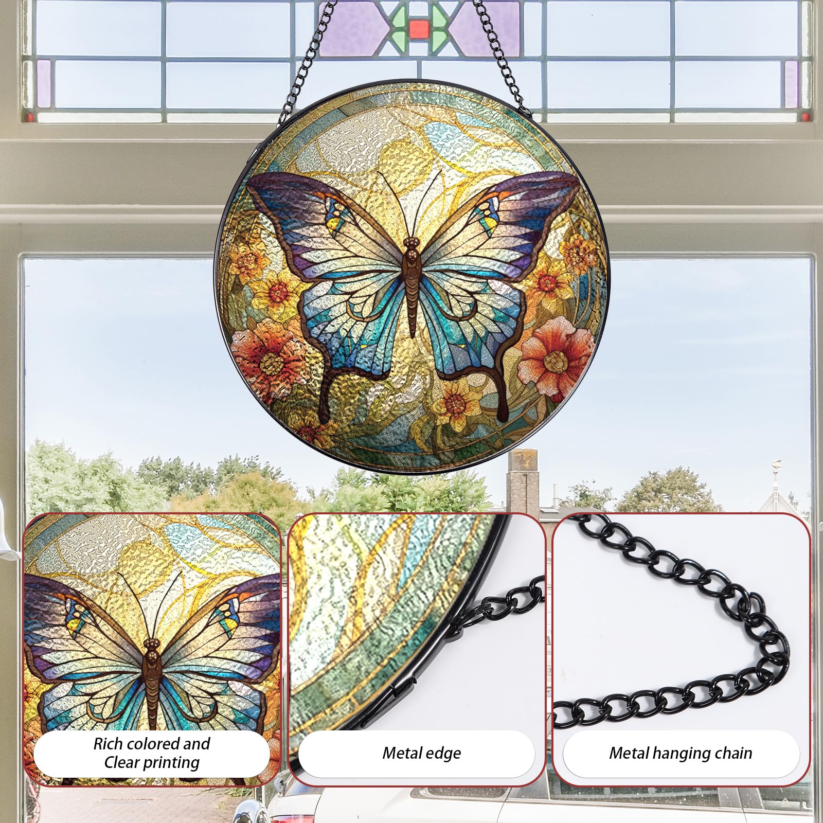Rngmsi Butterfly Stained Glass Window Hanging Decor, 7.8 Sun Catchers Stain Glass Window Hanging Indoor