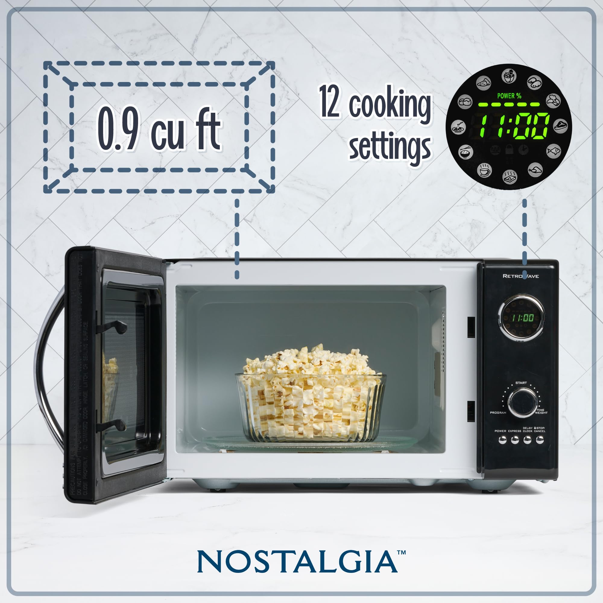 Nostalgia Retro Countertop Microwave Oven - Large 800-Watt - 0.9 Cu Ft - 12 Pre-Programmed Cooking Settings - Digital Clock - Ki