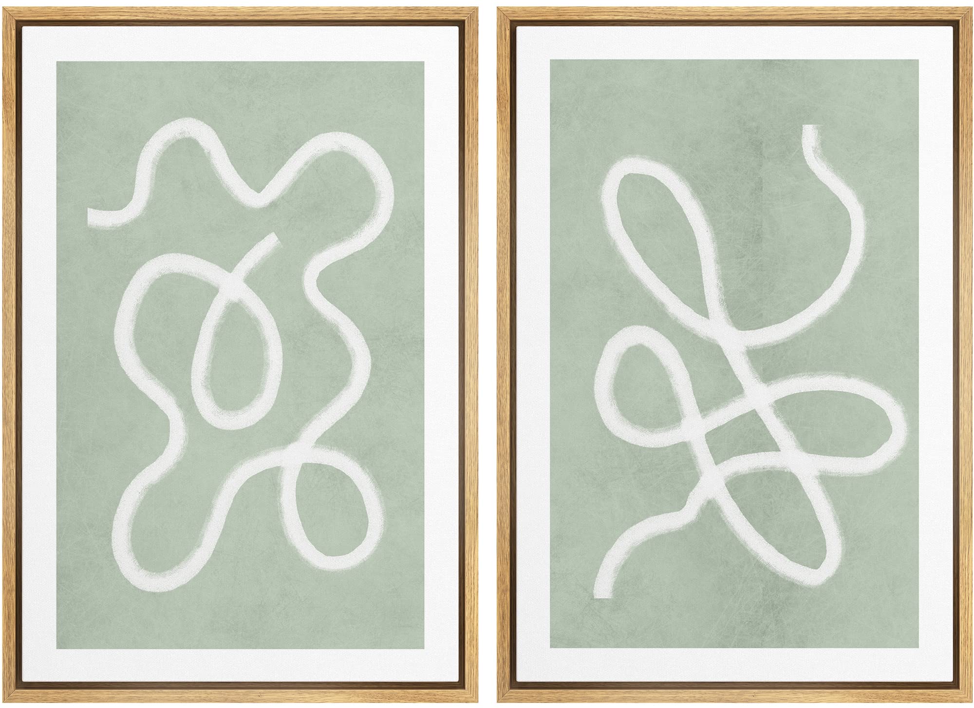 Signwin Framed Wall Art Print Set White Line Over Contrasting Green Background Abstract Swirly Digital Art Modern Art Mid-Centur