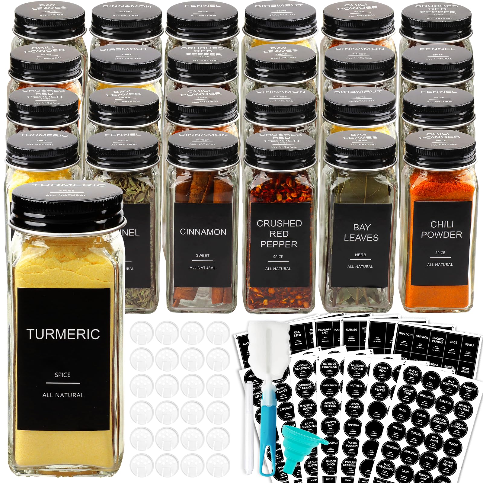 Aisiprin 24 Pcs Glass Spice Jars With 398 Labels, 4Oz Empty Square Spice Containers Seasoning Bottles - Shaker Lids, Funnel, Bru