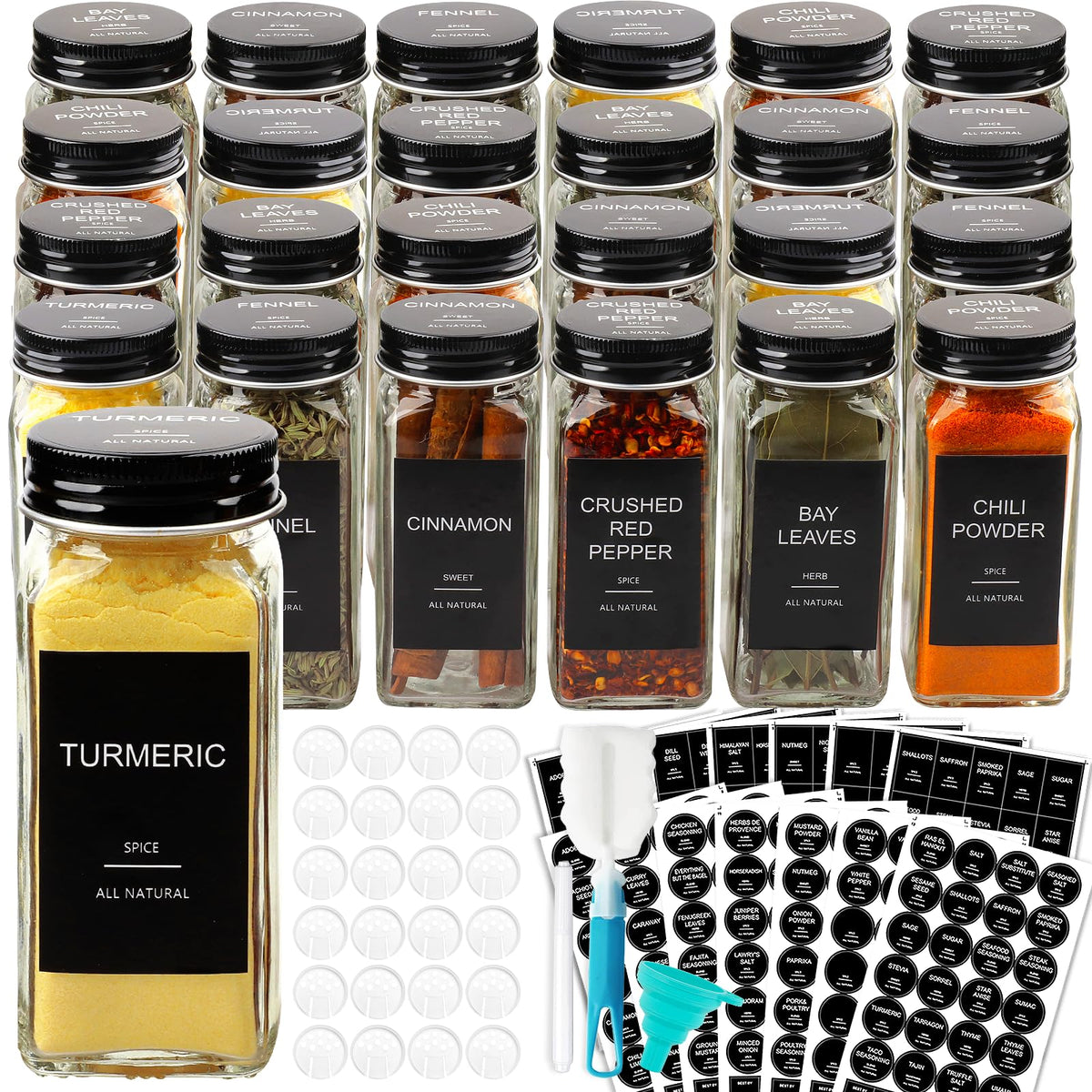 Aisiprin 24 Pcs Glass Spice Jars With 398 Labels, 4Oz Empty Square Spice Containers Seasoning Bottles - Shaker Lids, Funnel, Bru