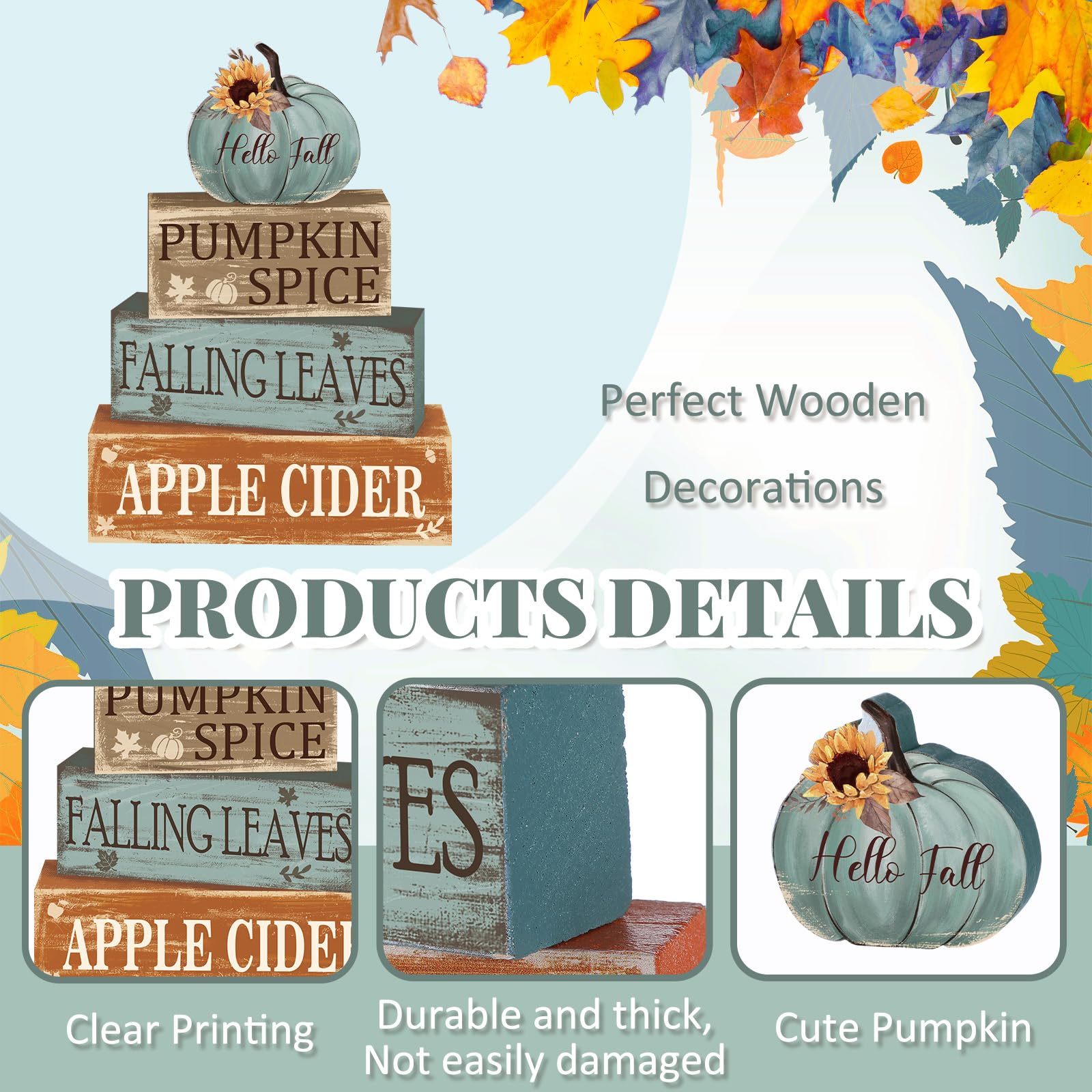 4 Pcs Fall Thanksgiving Decor for Home Hello Fall Wooden Sign with Sunflower Autumn Thanksgiving Tiered Tray Decor Pumpkin Spice