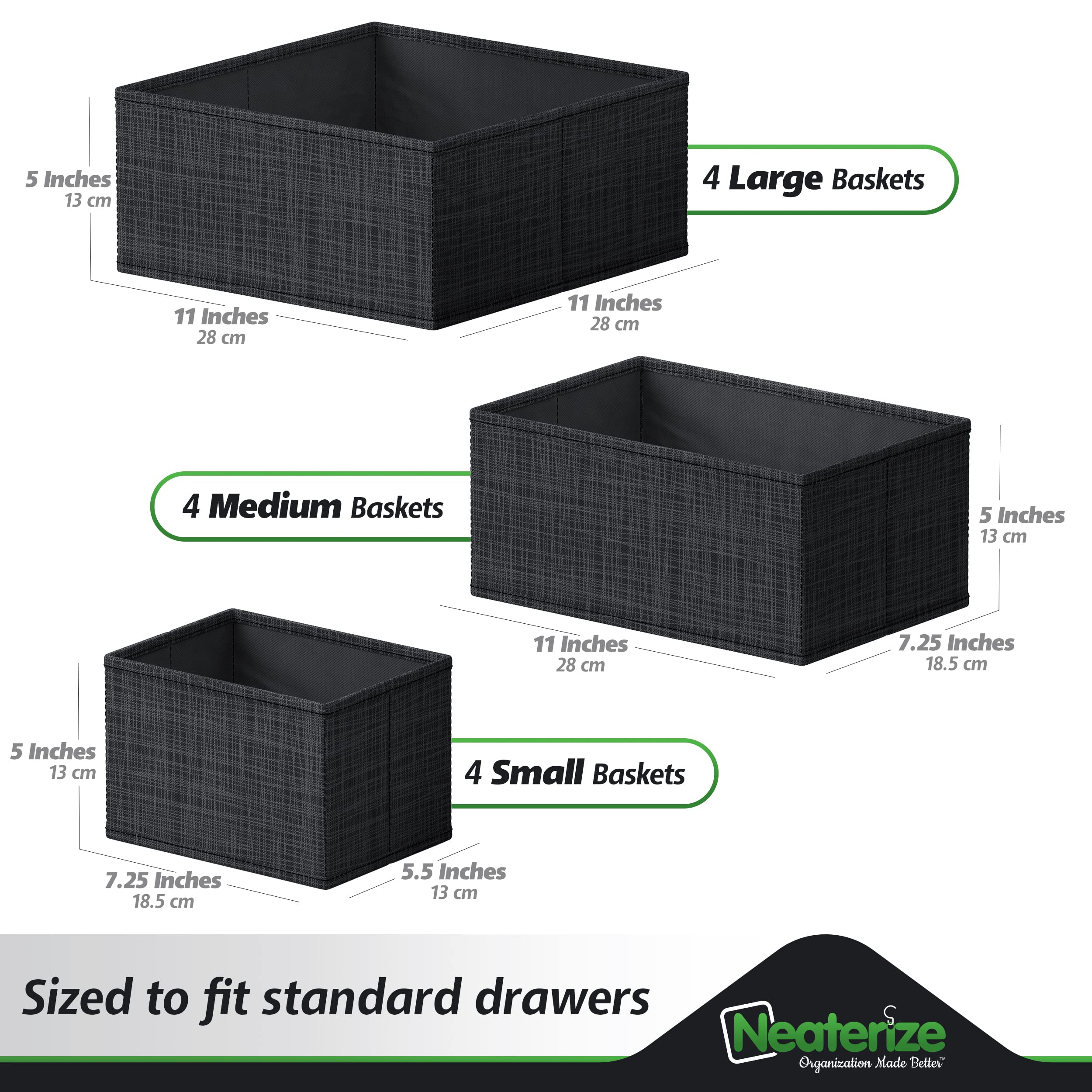NEATERIZE Drawer Organizer - [Set Of 12] - Closet Organizer and Storage Baskets| Foldable Cloth Drawers Divider | Fabric Bin For