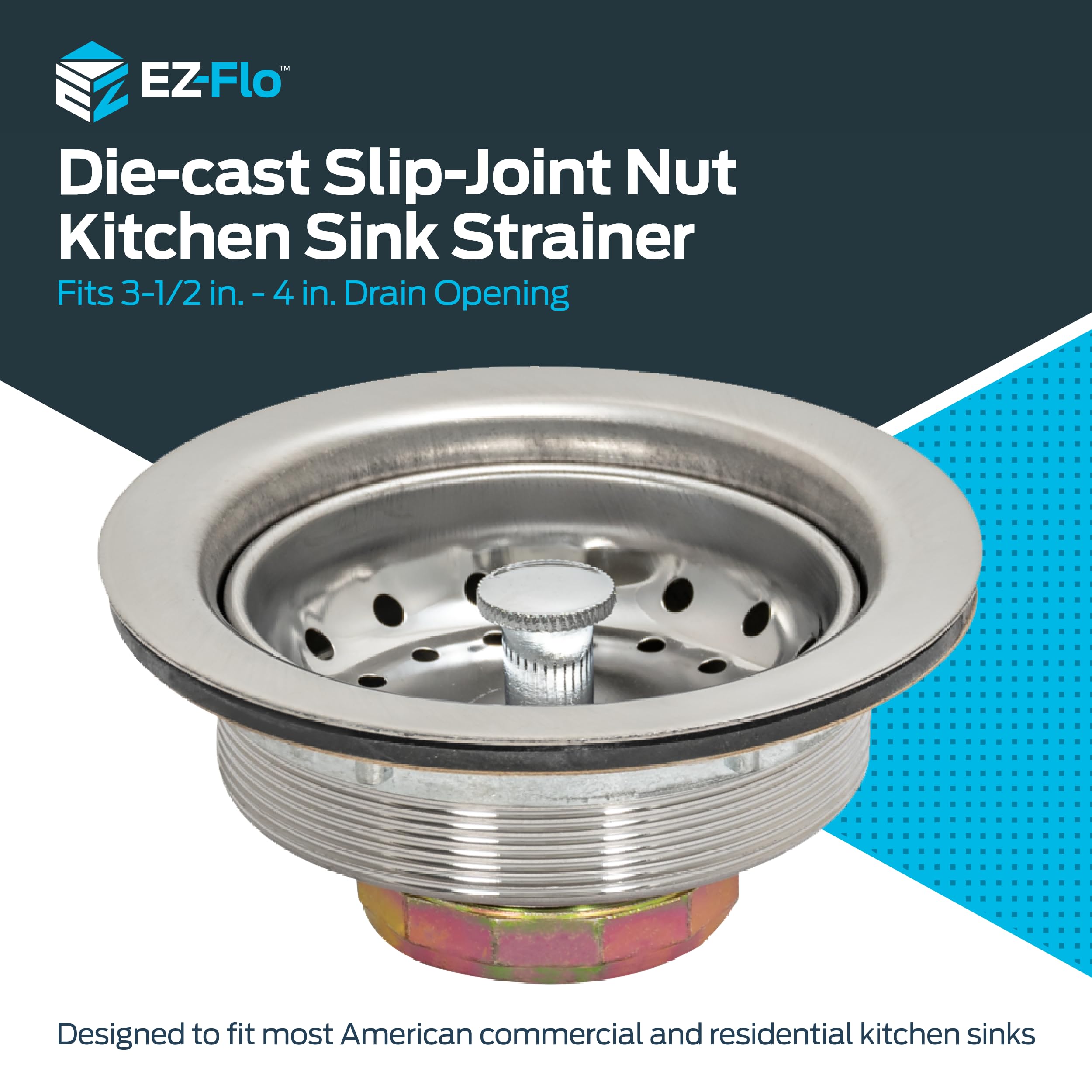 Ez-Flo Kitchen Sink Strainer Fits 3-1/2 Inch Opening, Sink Drain Assembly With Die-Cast Slip-Joint Nut And Fixed-Post Basket, St