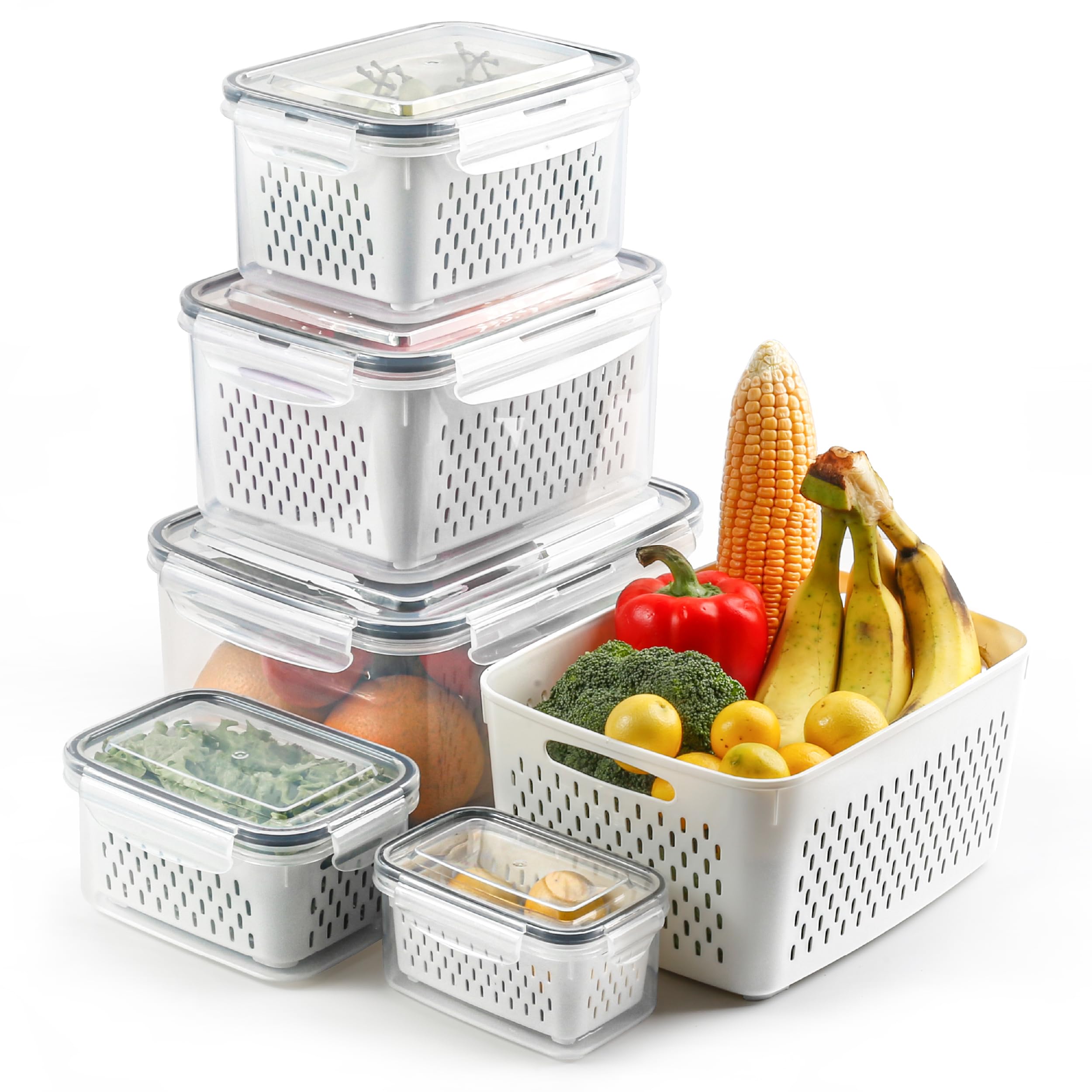 Breezyhome 5 Pcs Fruit Storage Containers For Fridge With Colanders Dishwasher Safe, Leakproof Fruit And Vegetable Storage Bpa-F