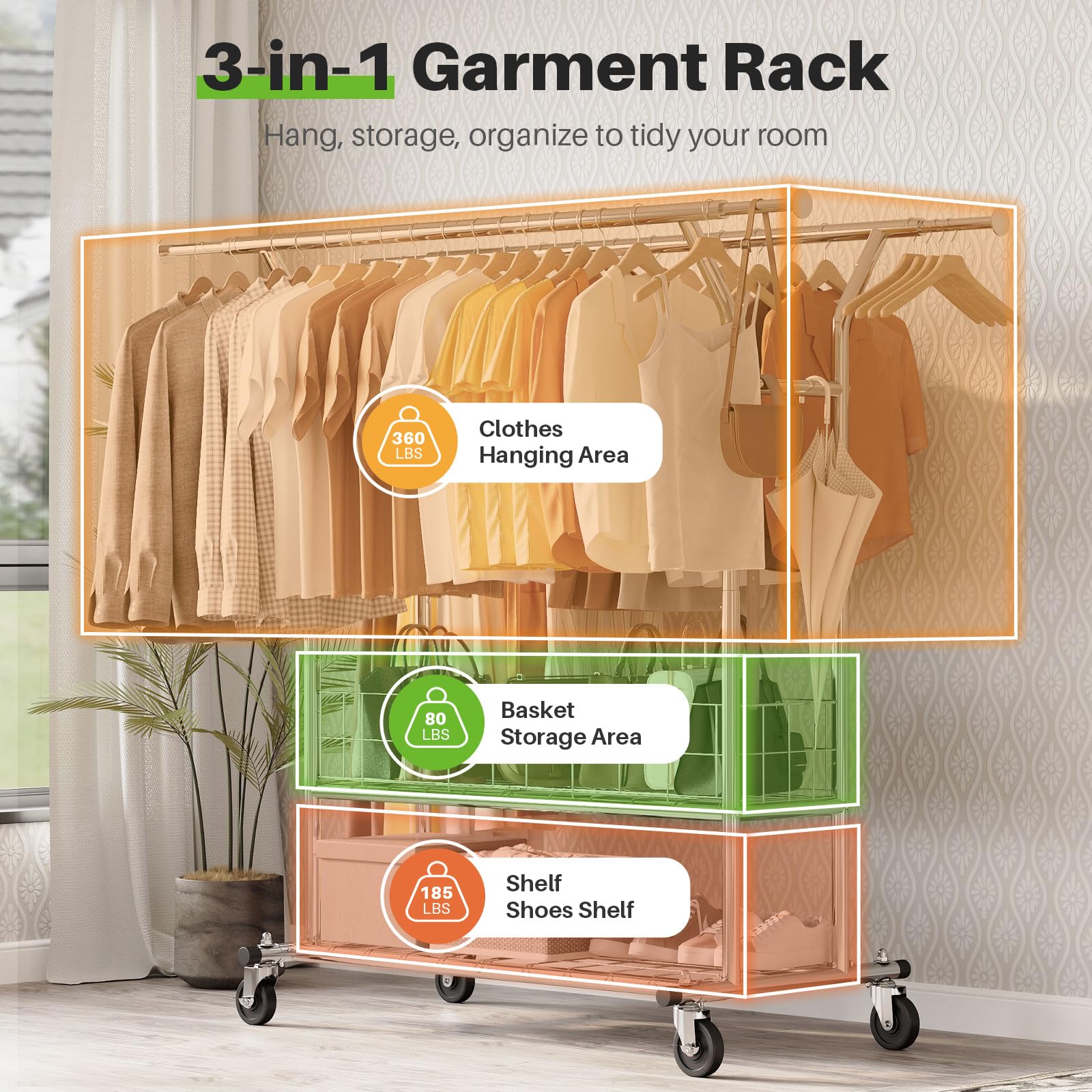 Hokeeper Heavy Duty Clothes Rack, 625 Lbs Clothing Racks With Wheels, Rolling Garment Rack For Hanging Clothes, Commercial Adjus