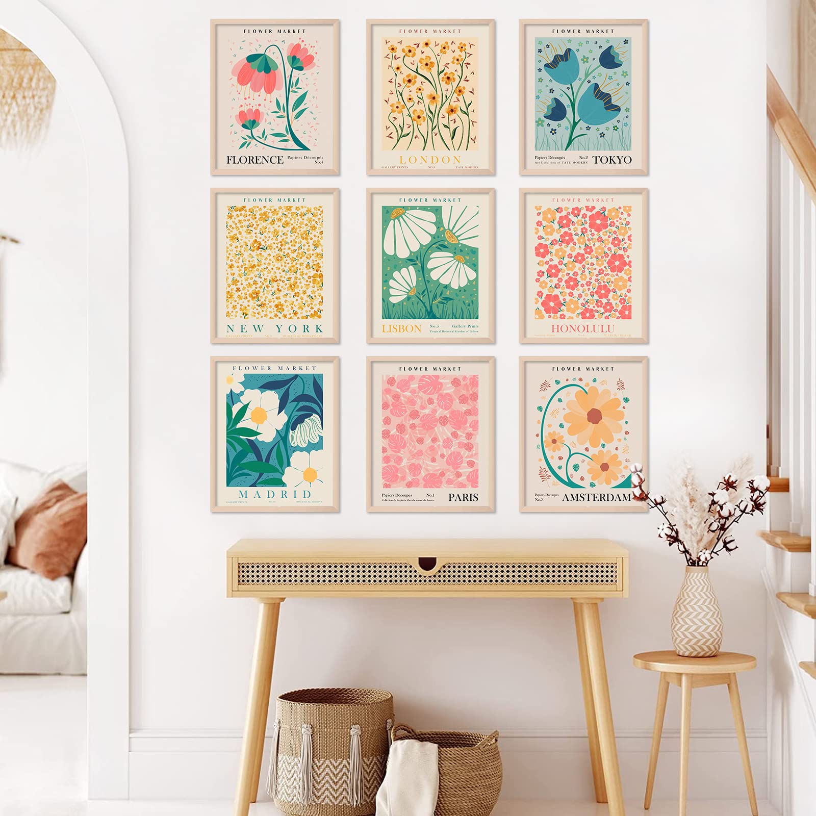 Anydesign 9Pcs Flower Market Wall Art Prints Matisse Art Poster Decor Floral Drawing Posters Colorful Floral Room Decor For Gall