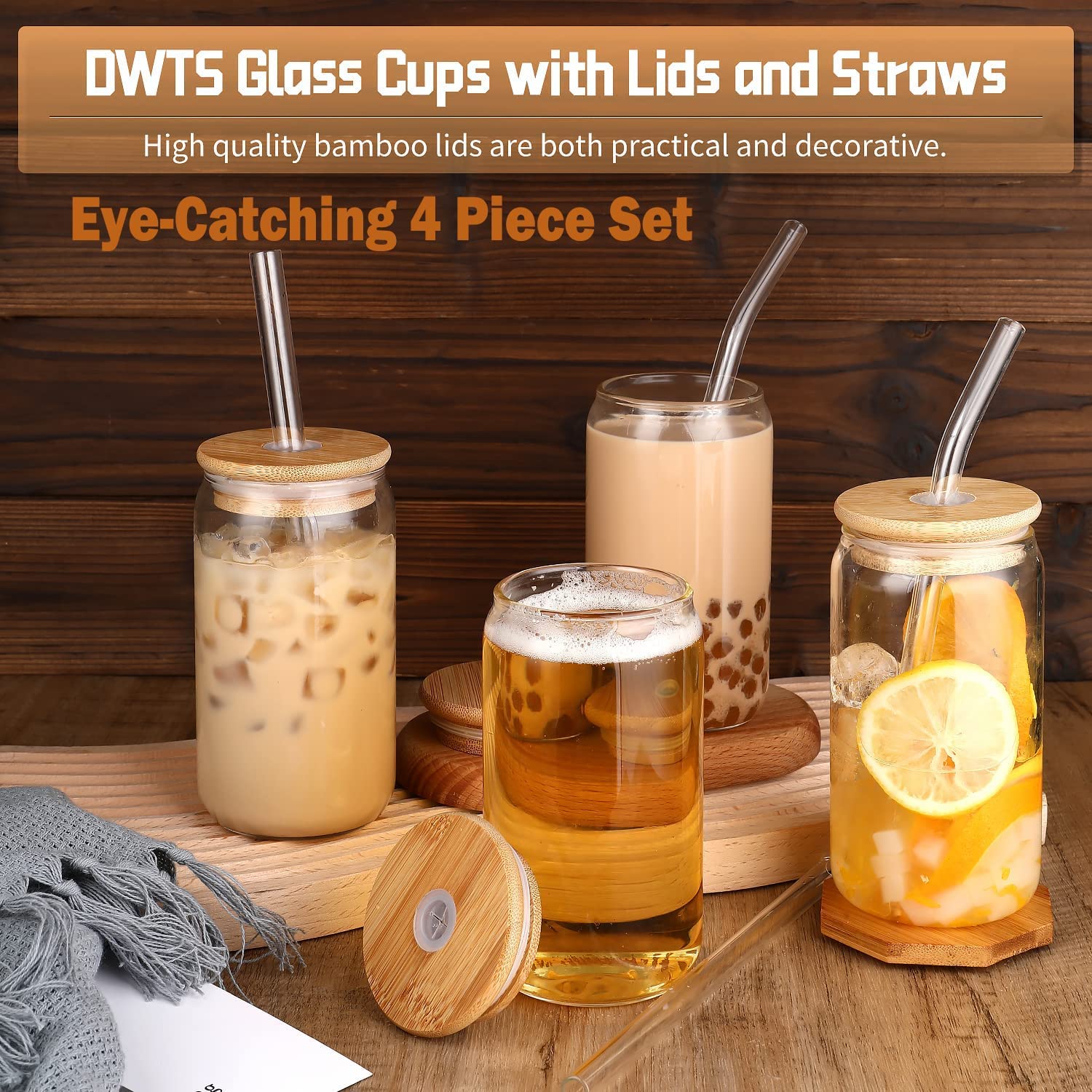 DWTS DANWEITESI Glass Cups with Lids and Straws 4pcs 16oz Iced Coffee Cups with Lids-Drinking Glasses Set Cute Tumbler Cup as Coffee Bar Accessories Gifts