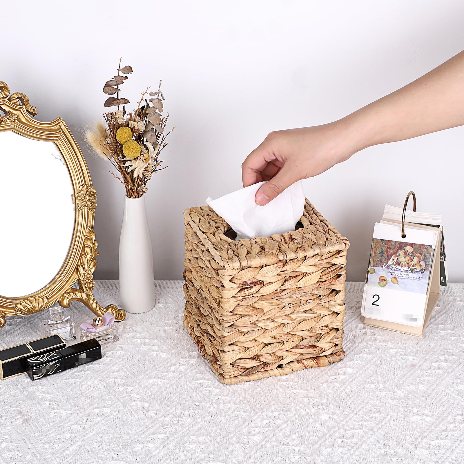 Sumnacon Tissue Box Cover Water Hyacinth Tissue Box Sqaure Tissue Holder Woven Tissue Cover Wicker Cube Tissue Box Holder For Ba