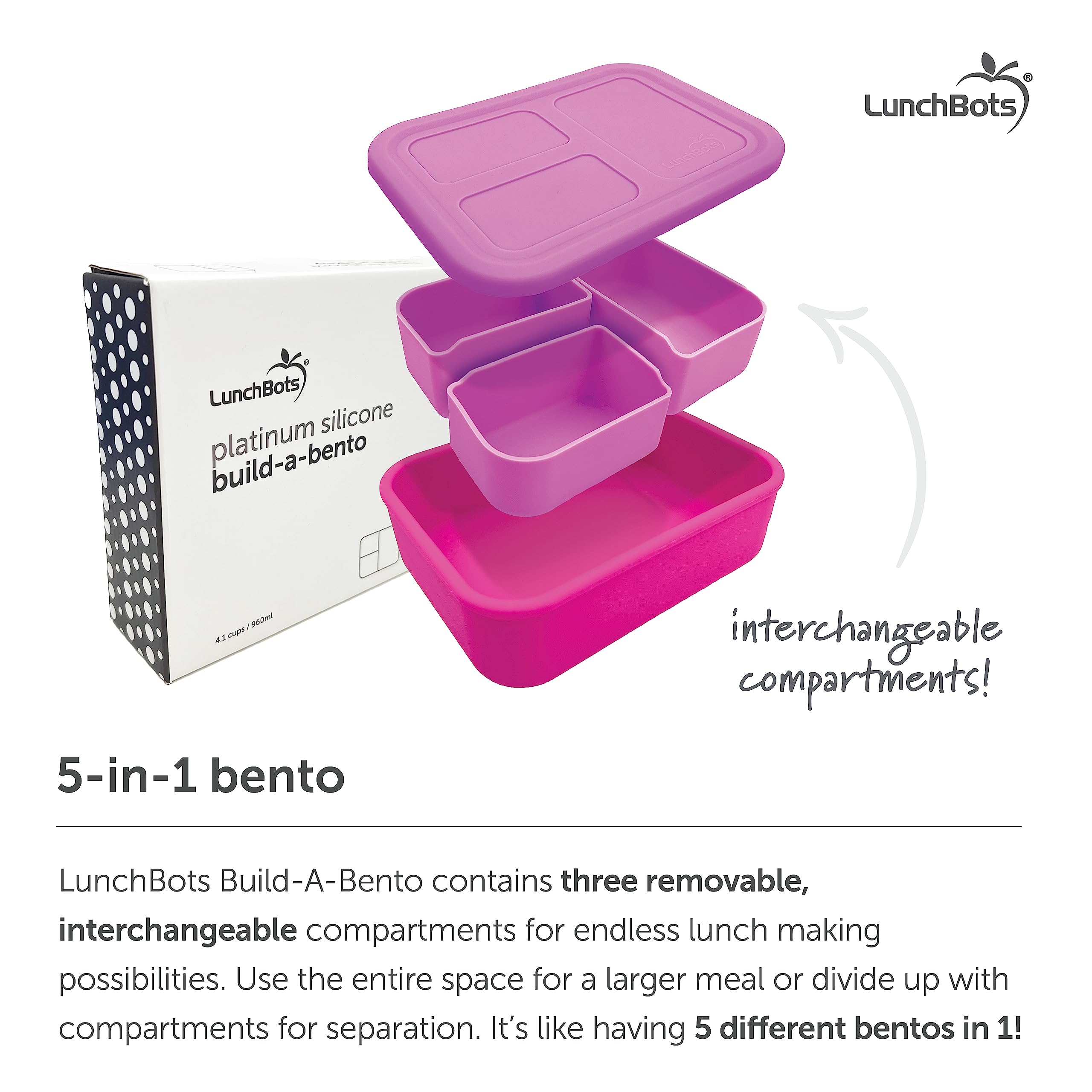 Lunchbots Build -A- Bento Lunch Box, Silicone Bento Box For Kids, Multi-Compartment Lunch Container, Oven & Dishwasher Safe, Bpa