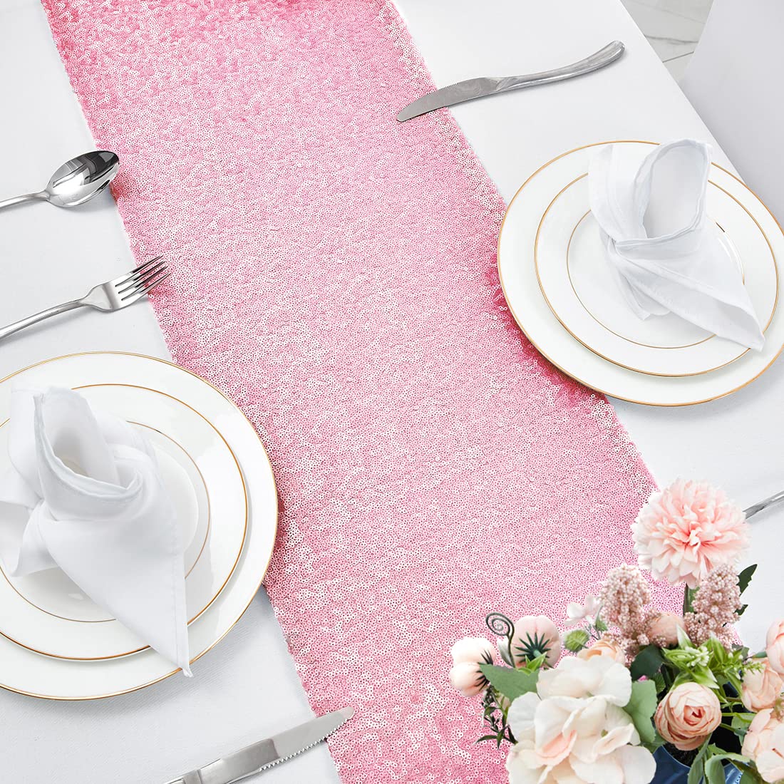 2 Packs 12 x 108 inches Pink Sequin Table Runner  Glitter Pink Table Runner for Wedding Birthday Bachelorette Holiday Party Supplies Decorations Bridal Shower Baby Shower