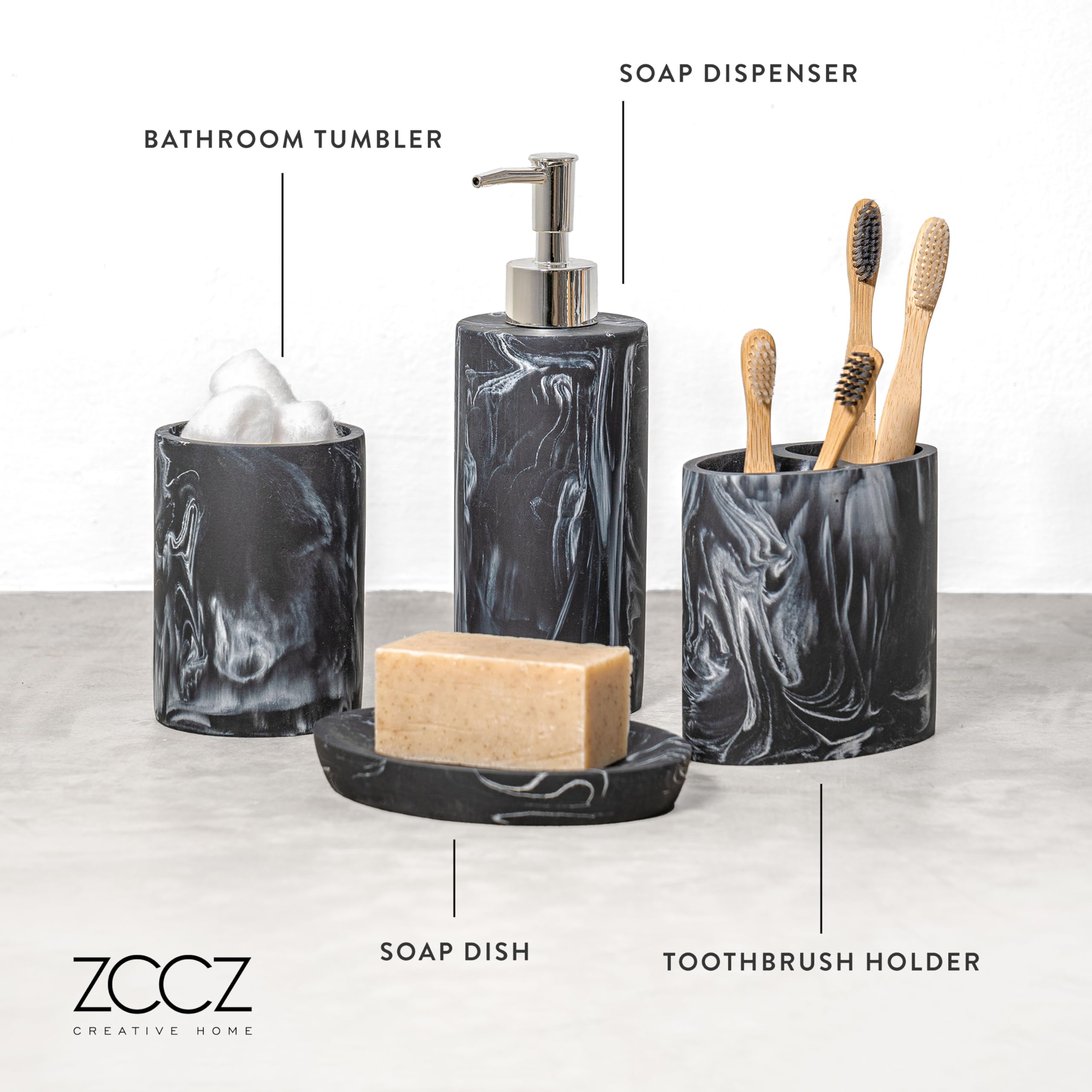 ZCCZ Bathroom Accessories Set Complete  4 Piece Marble Pattern Accessories Toothbrush Holder Set Bath Accessories Set with Soap Dispenser  Toothbrush Holder  Tumbler  Soap Dish