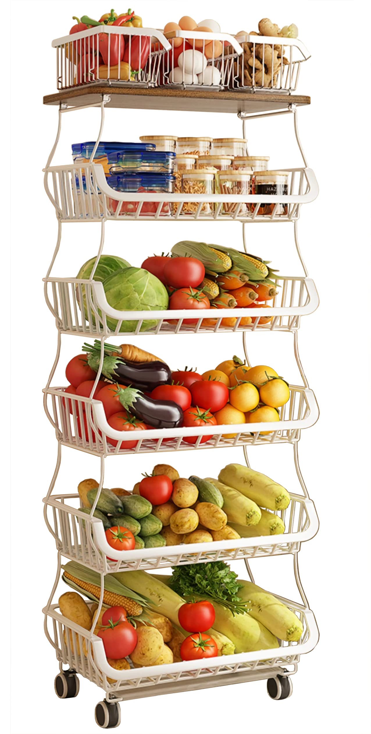 MURRI&MURRDI Fruit Vegetable Storage Basket with Wooden Lid, 6 Tier Stackable Storage Baskets with Wheels Produce Basket Organiz
