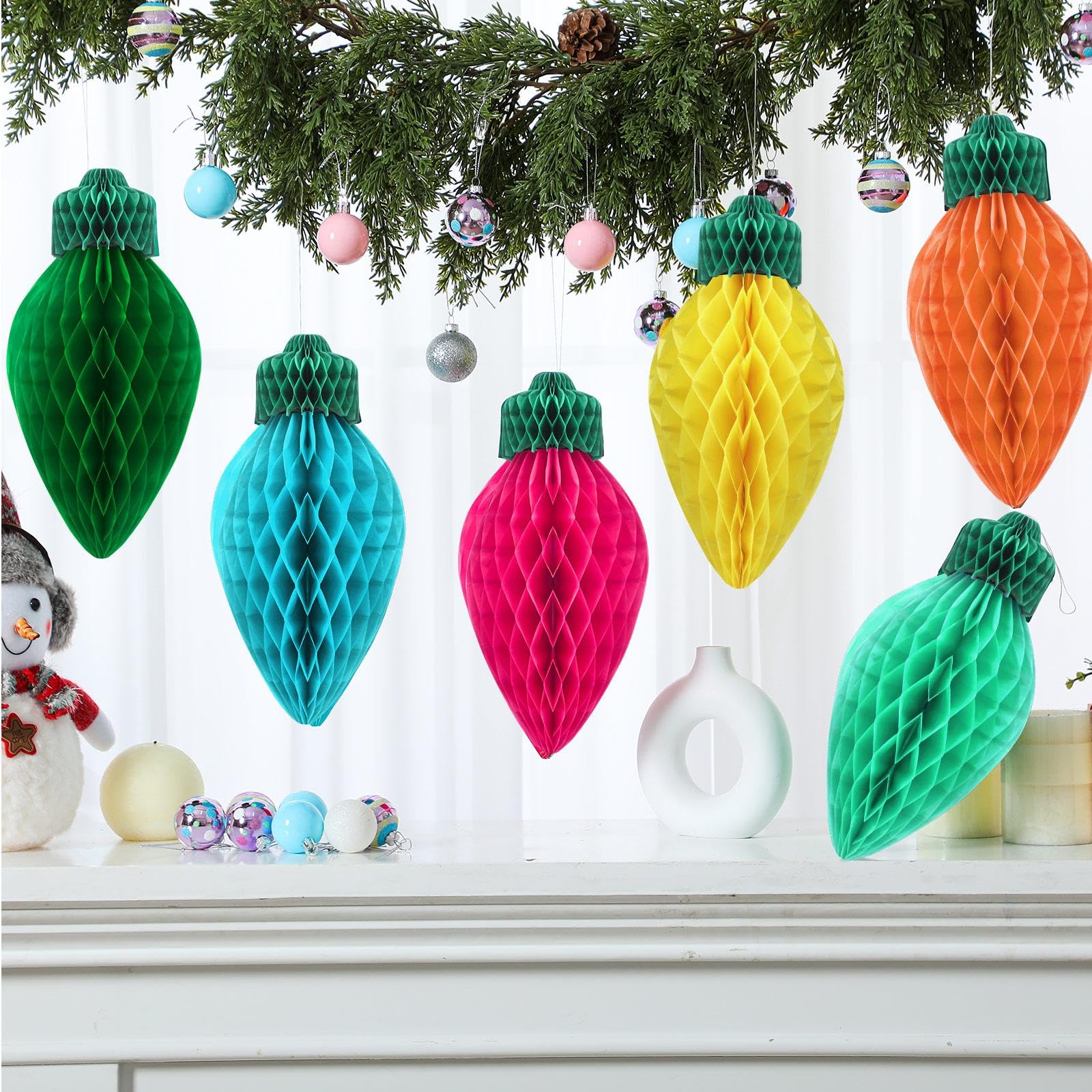 Humyoun 12 Pcs 12 Vibrant Jumbo Christmas Lights Honeycomb Hanging Decoration Large 3D Light Bulb Land Xmas Assorted Colors Ligh