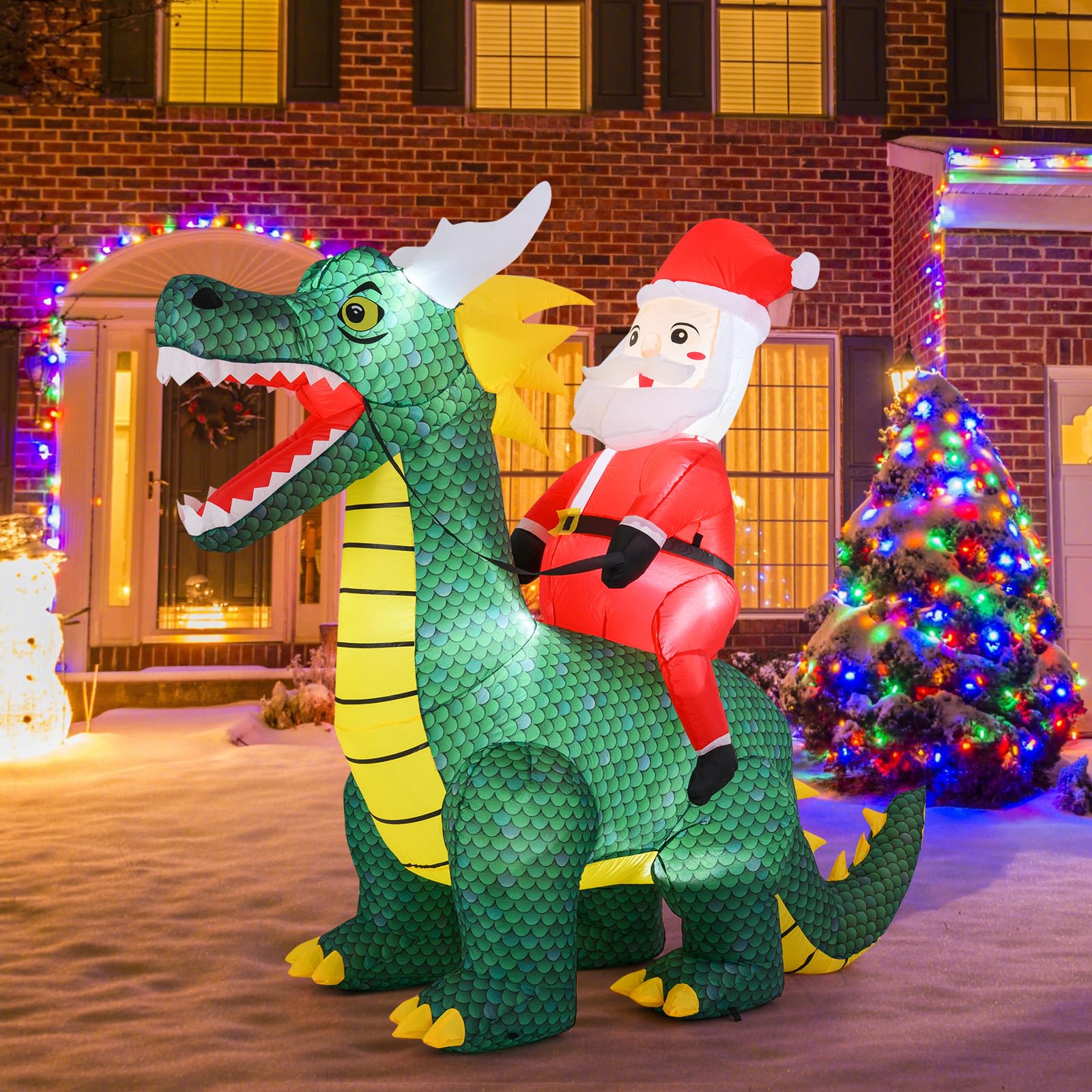 Tangkula 6 FT Christmas Inflatable Santa Claus Ride on Dinosaur, Blow up Indoor/Outdoor Santa Decoration with Built-in LED Light