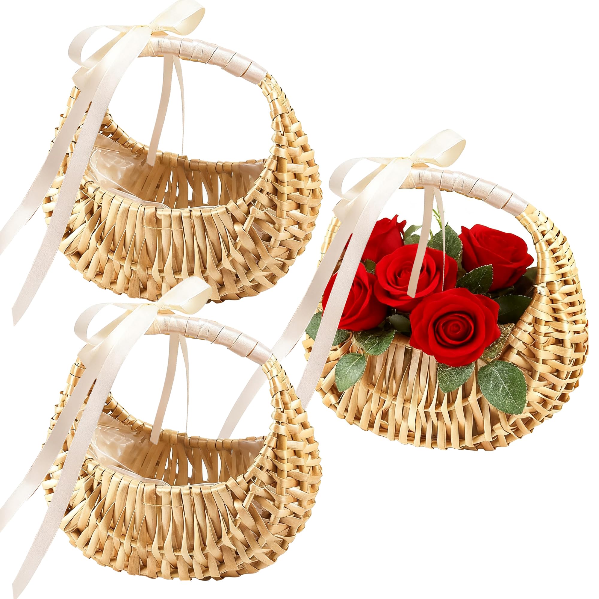 WYIPOLZI 3 Pack Flower Girl Baskets,Wicker Wedding Basket with Handle Silk Ribbon,Small Half Moon Wicker Flower Basket 6.5 x6.7
