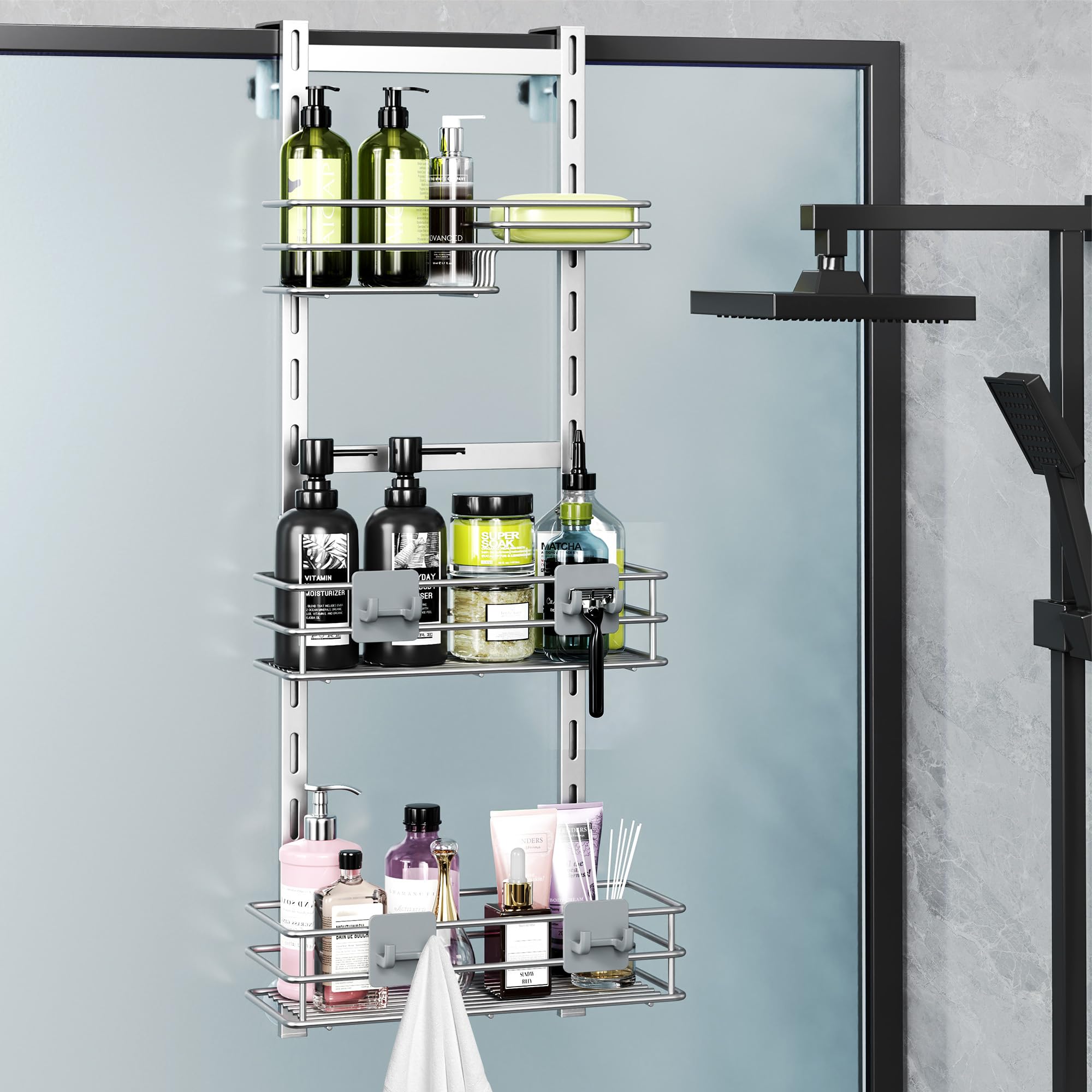 Orimade Over The Door Shower Caddy Adjustable 3 Tier Silver,Bathroom Hanging Organizer Shelf Rustproof with 4 Hooks,Shower Baske
