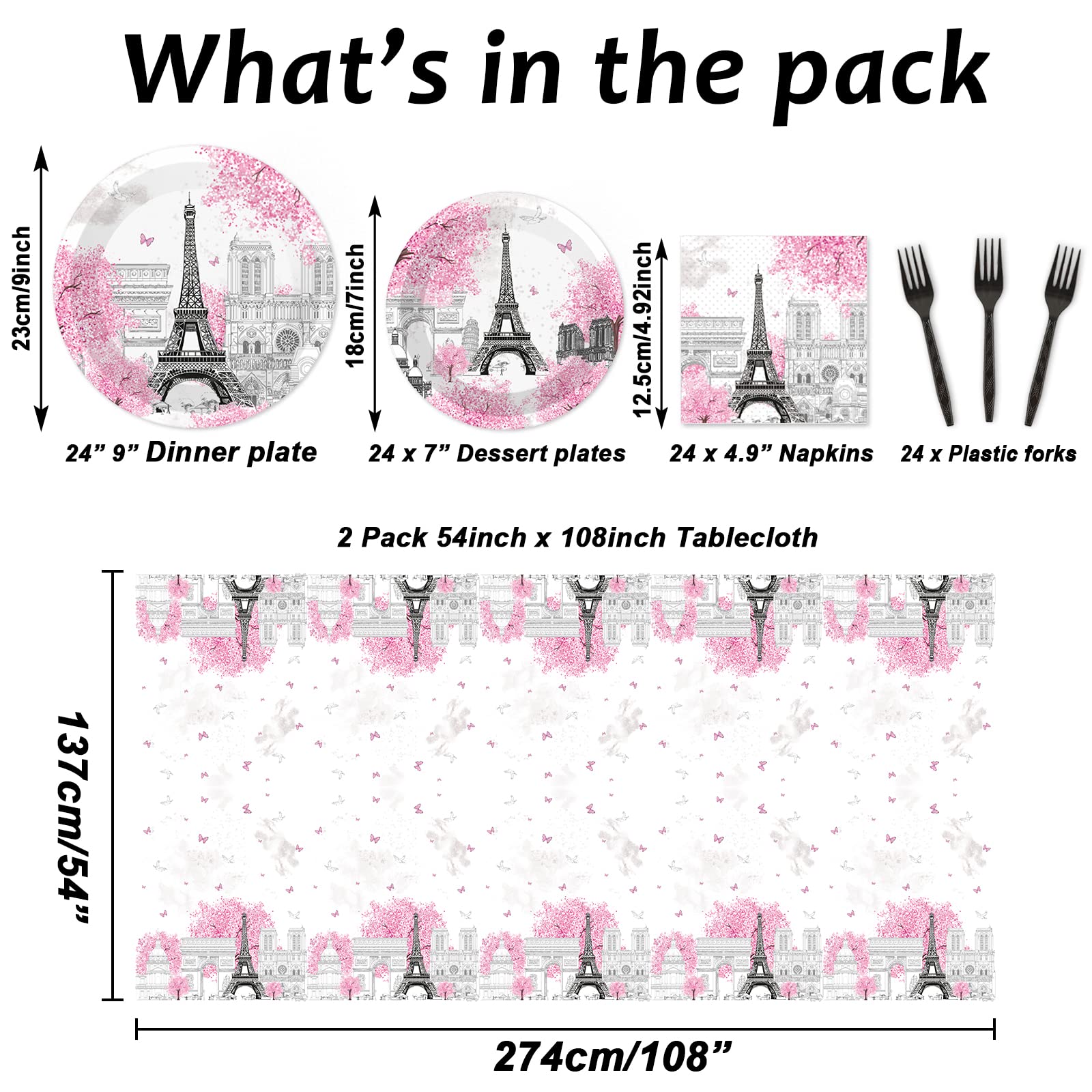 98 Pcs Paris Eiffel Tower Tableware Set Paris Eiffel Tower Party Plates Napkins Paris Table Cover Eiffel Tower Dinnerware For Ki