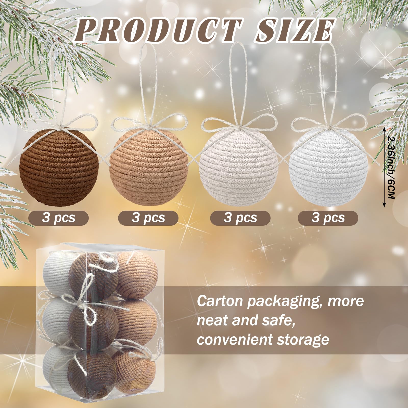 Syhood 12 Pcs Boho Farmhouse Christmas Ball Ornaments 2.36 Inch Crochet Jute String Ball Neutral Rustic Christmas Tree Hanging O