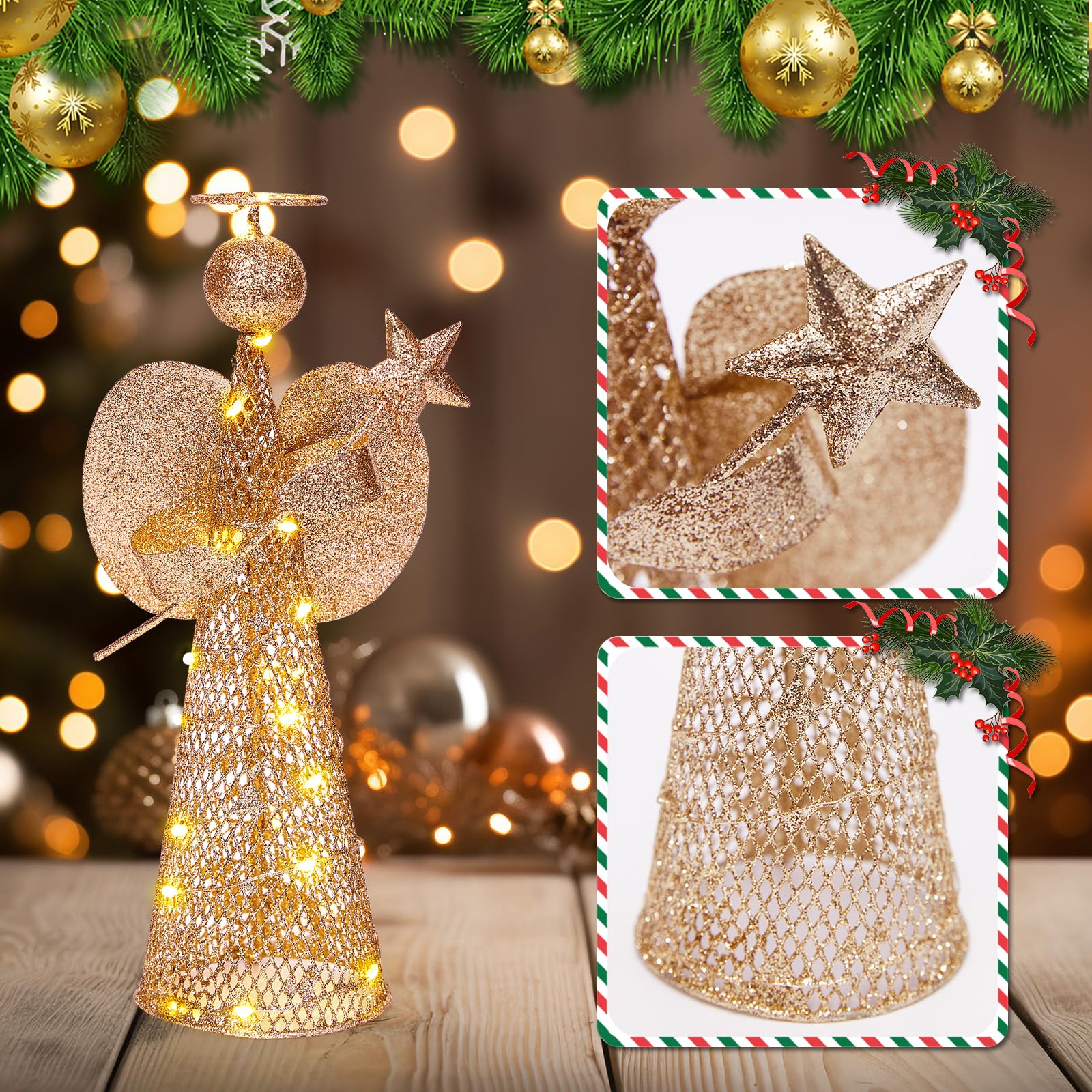 Christmas Tree Topper 9.8 Golden Glittered Star Tree Topper with 20 LED Lights Xmas Tree Topper Star for Xmas Decorations Orname