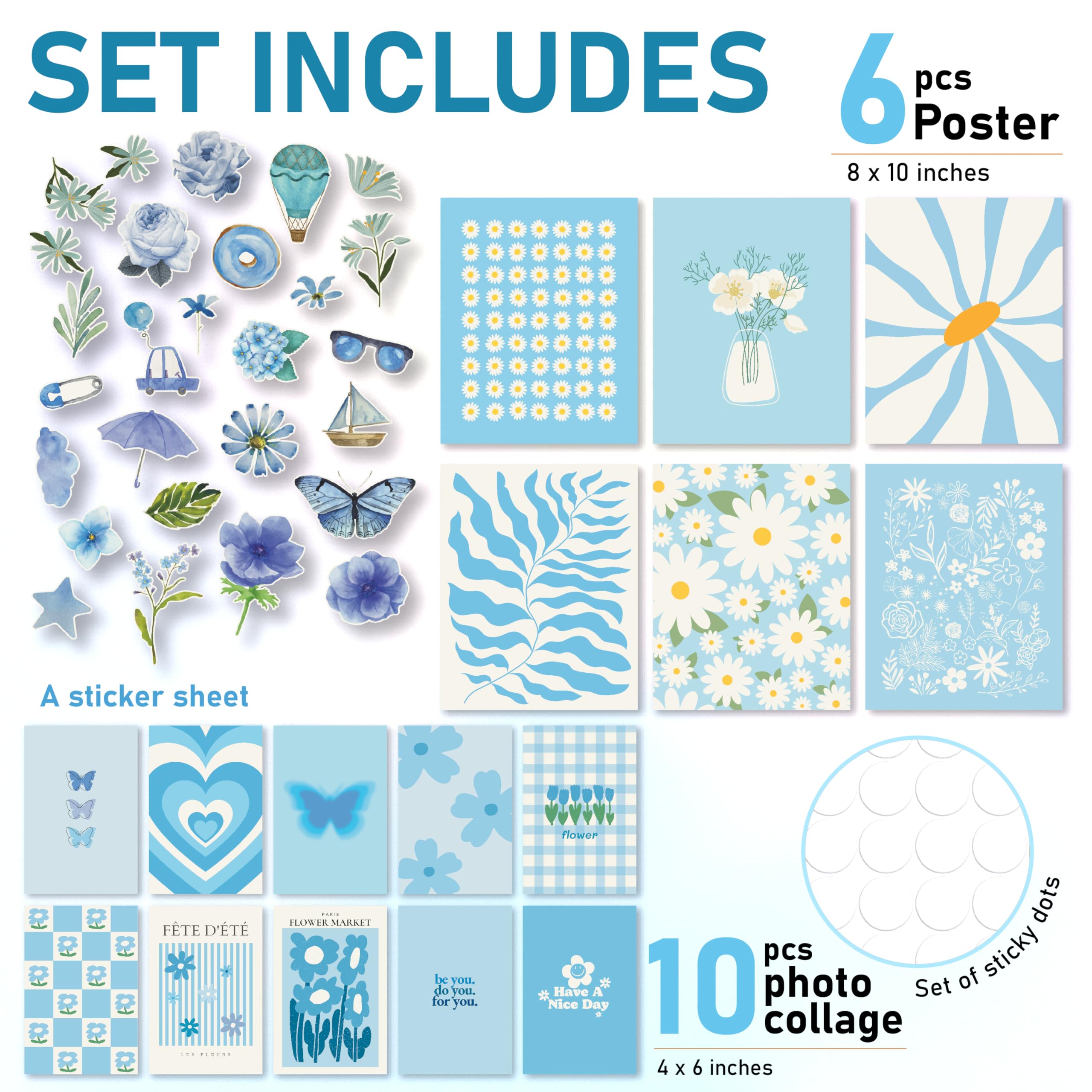 97 Decor Light Blue Wall Decor - Blue Room Decor Aesthetic, White Blue Posters, Light Blue Wall Art Prints, Blue Floral Botanica
