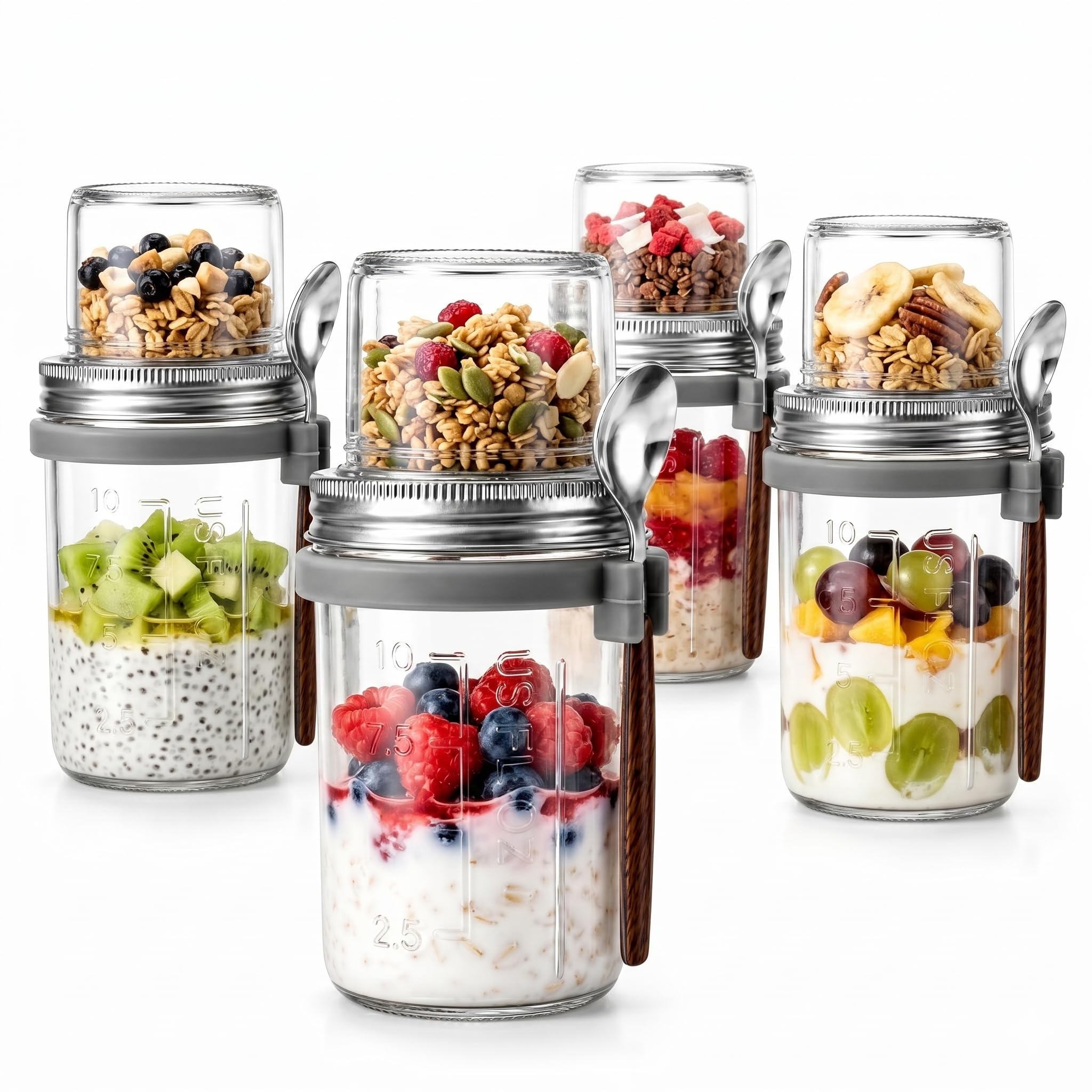 WTXHOP 4 Pack Overnight Oats Containers With Lids And Spoons, (16Oz+5Oz) Glass Mason Jars With Dry And Wet Separation For Cereal