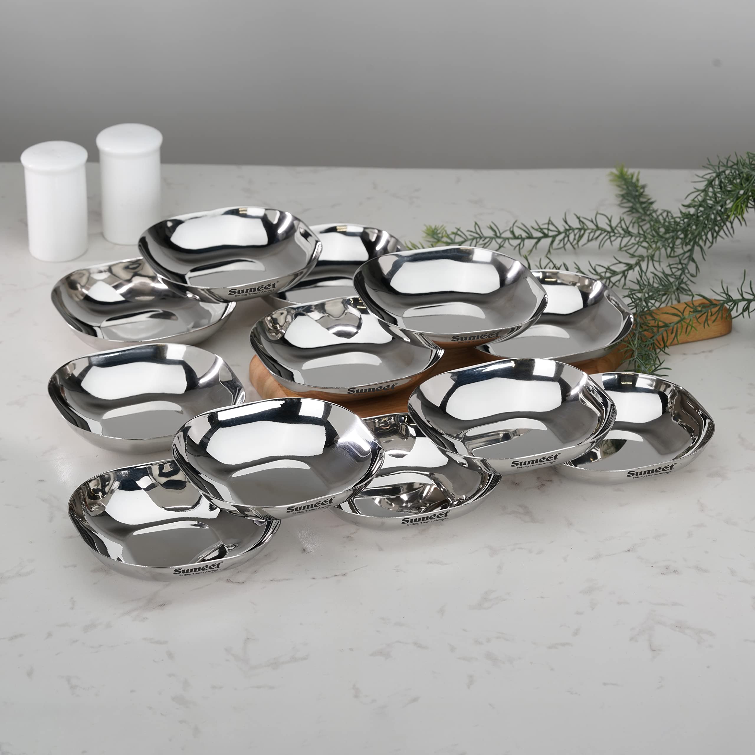 Sumeet Stainless Steel Small Apple Square Shape Plate Dessert Plate Halwa Plate Set of 12pcs  11.5cm Dia  225ML Each - Silver