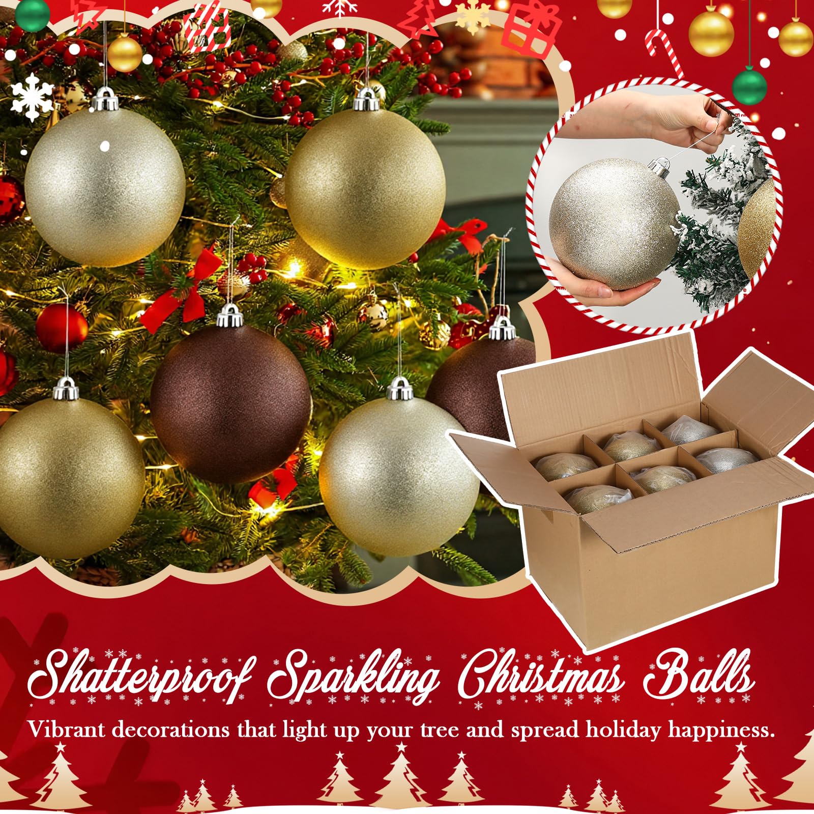 Poen 12 Pcs 6 Inch Christmas Tree Glitter Ornaments Extra Large Christmas Balls Decorations Xmas with Hanging Loop for Holiday D