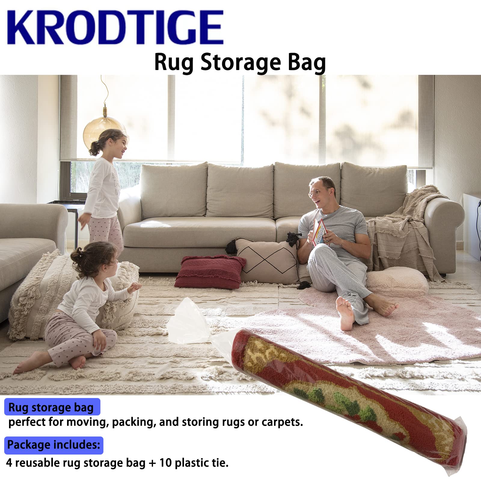 4 Pcs Plastic Rug Storage Bag With 10 Ties, Fits Rugs Up To 5' X 7' Clear Carpet Bag, 4.5 Mil Heavy Duty Rug Storage Bag-Protect