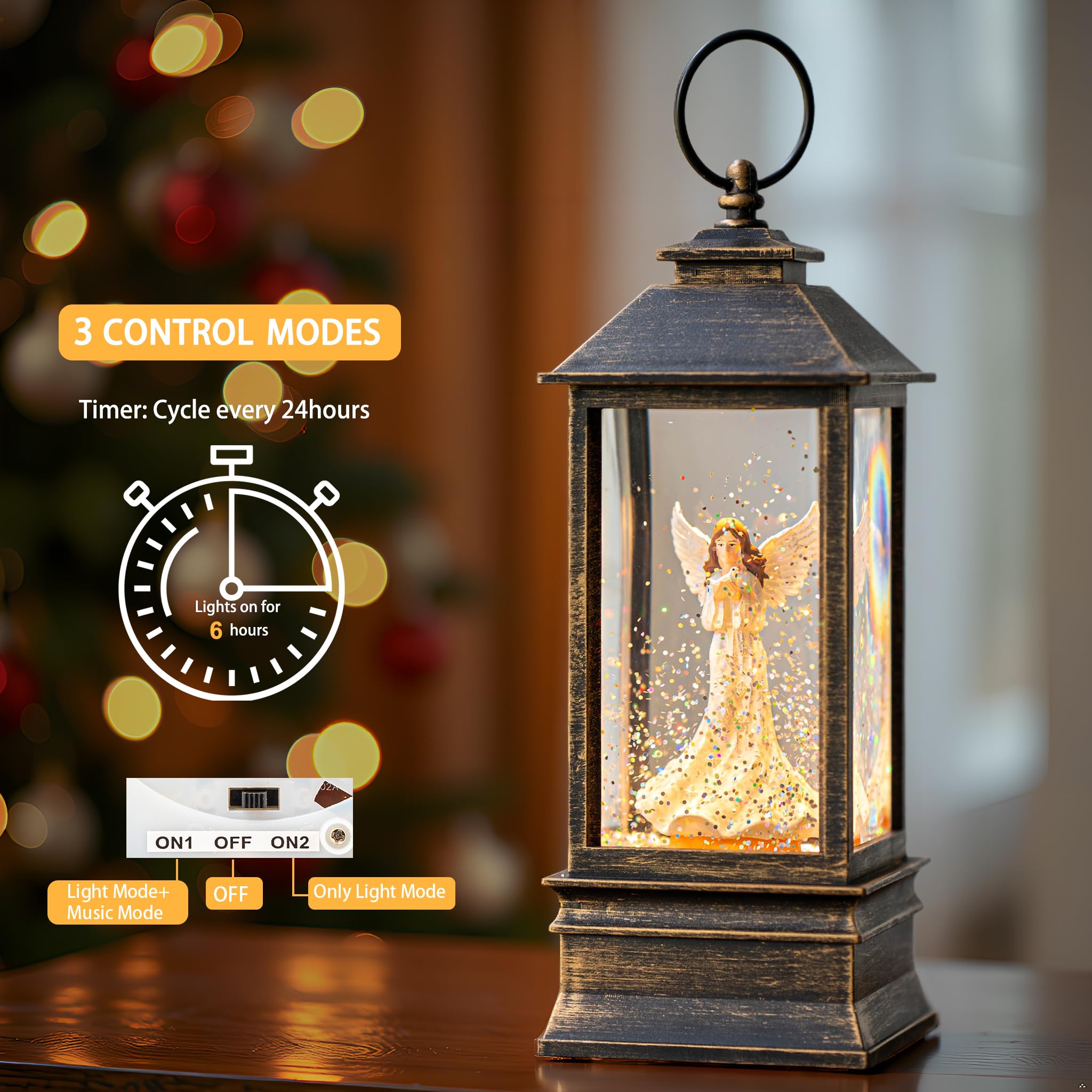 10 Musical Snow Globe Lantern Lighted Angel with Dove Water Lantern Swirling Glittering Home Decoration and Gift, Battery Oper