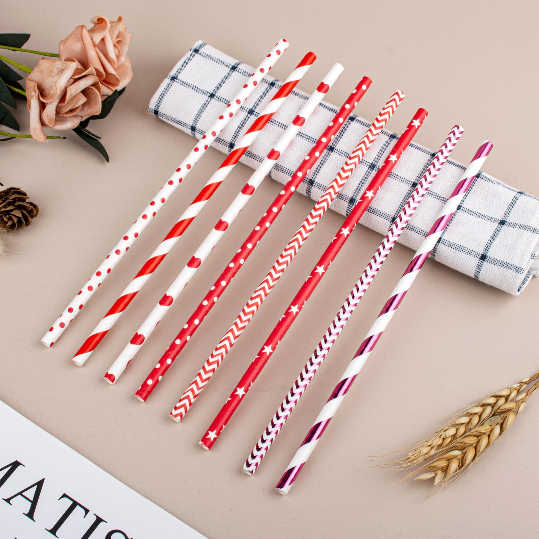 [140 Pack] Paktalk Valentine Straws, 7 Assorted Red And White Straws Red White Striped Dot Wave Star Paper Straws Disposable For