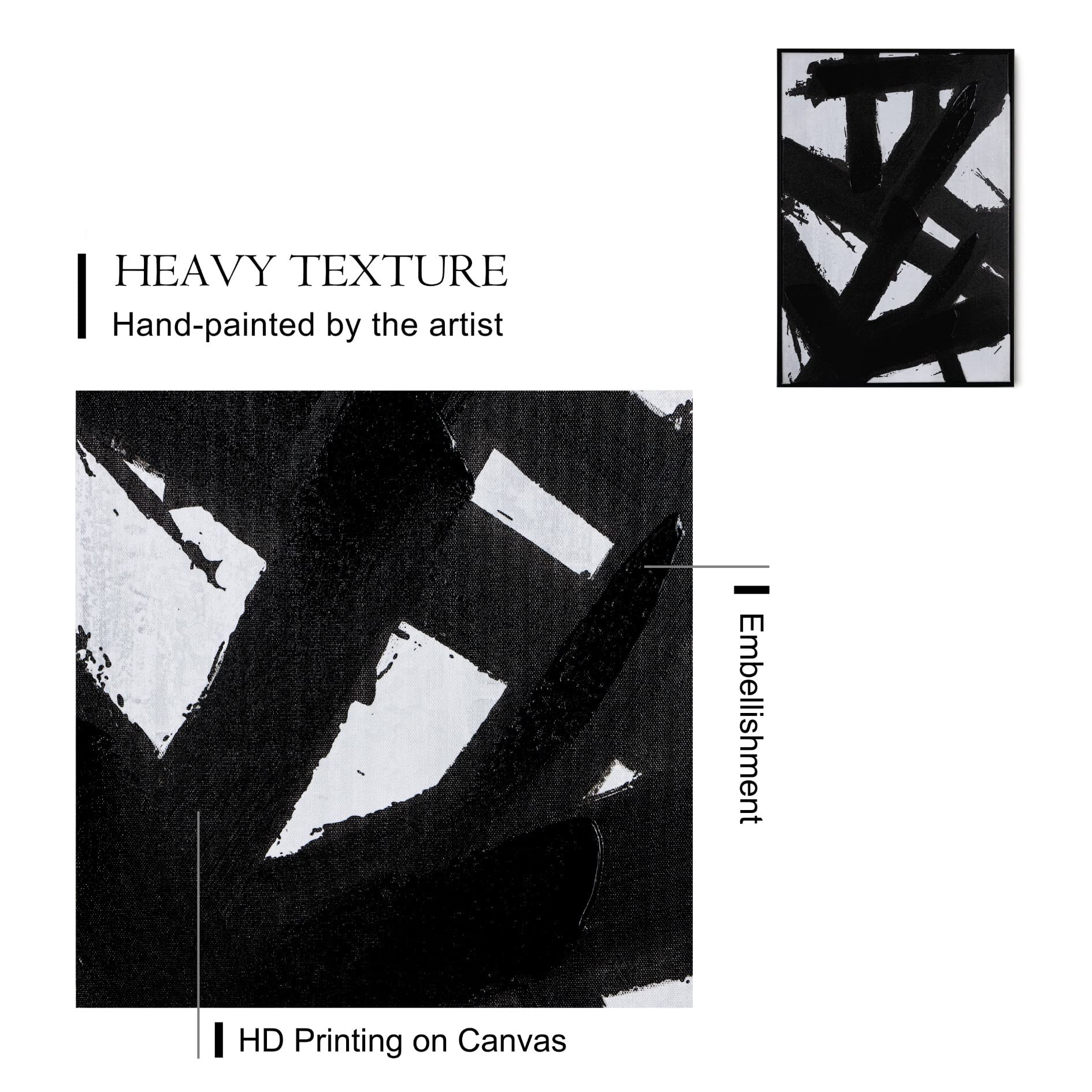 Zessonic Black And White Abstract Wall Art - Black Painting Stroke Graffiti Artwork For Living Room, Bedroom, Office Decor,16''