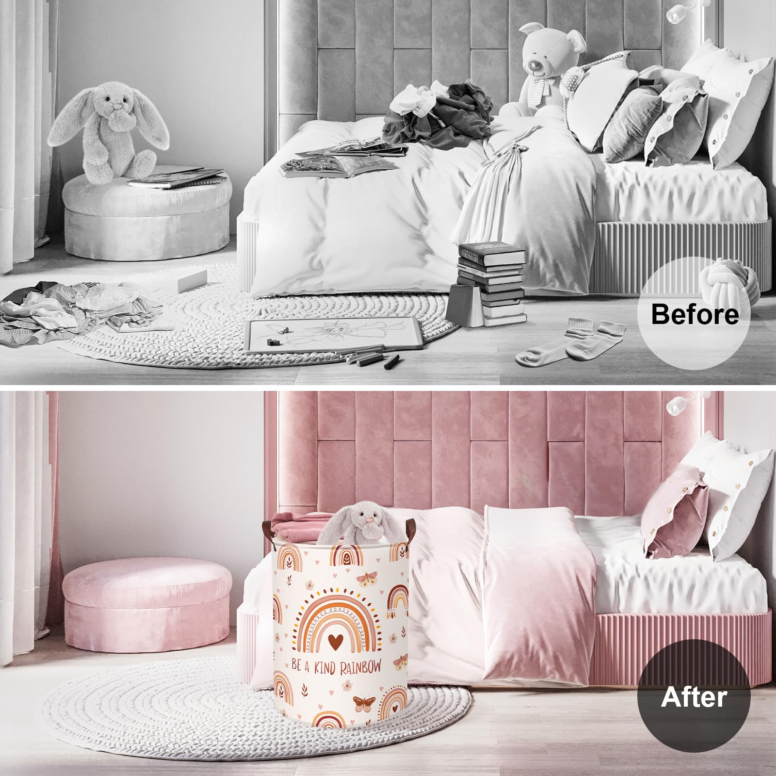 Clastyle 45L Boho Rainbow Laundry Hamper With Handle Drawstring Waterproof Butterfly Flowers Pink Laundry Basket Round Clothes T