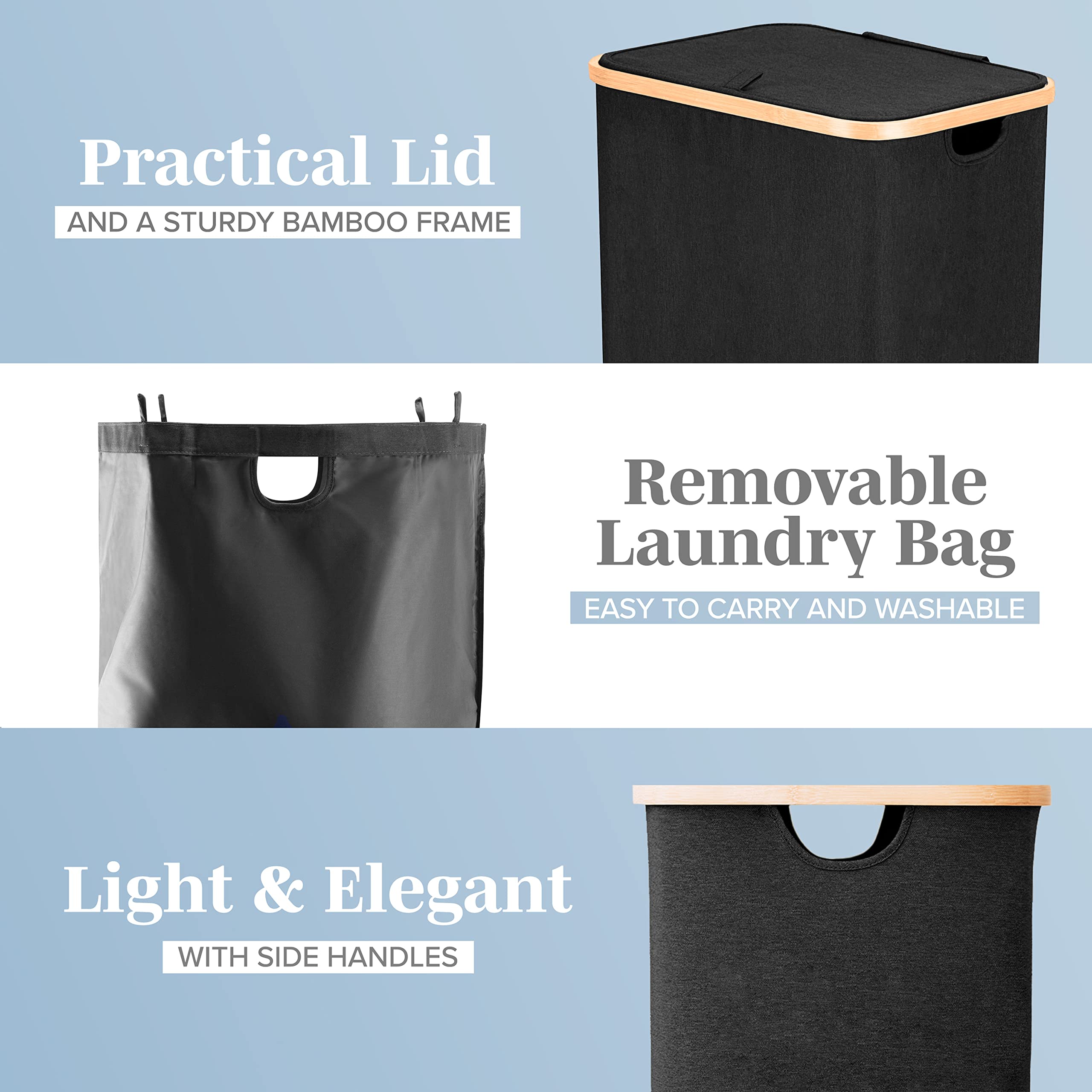 Lonbet - Black Laundry Hamper with Lid - XL 100 L - Large Hampers for Laundry with Handles - Black Laundry Baskets with Lid for Bedrooms - Bamboo Bathroom Tall Black Hamper