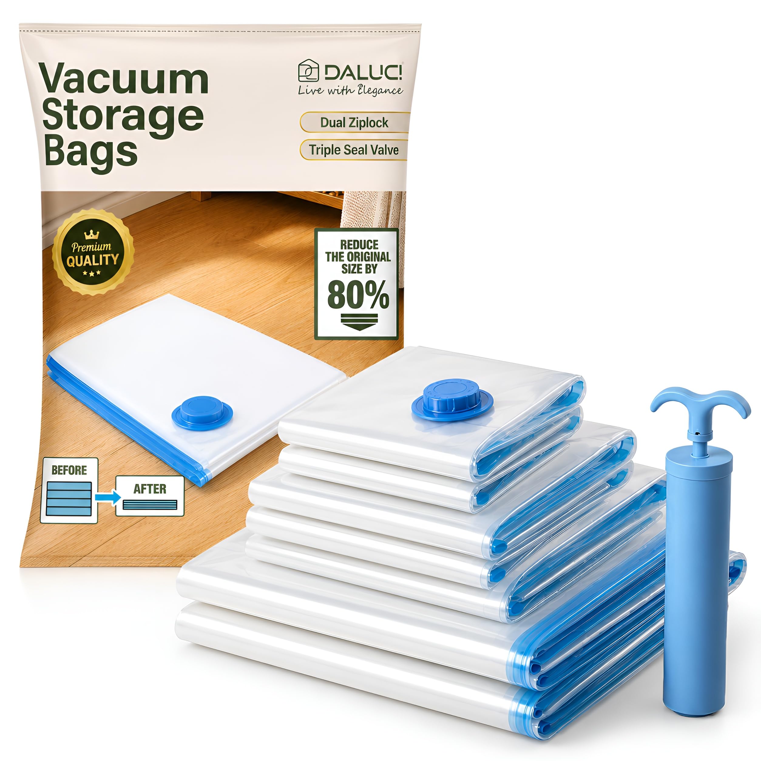 Daluci Vacuum Bags For Clothes With Pump, Vacuum Storage Bags, Space Saver Compression Bags, Airtight Reusable Vacuum Packing Ba