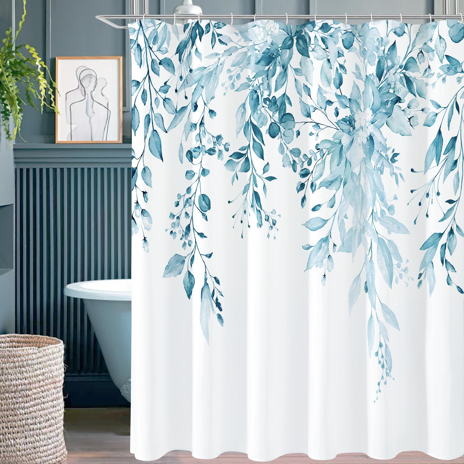 Gibelle Spa Blue Eucalyptus Shower Curtain, Watercolor Plant Leaves With Floral Bathroom Shower Curtain Set With Hooks, 72X72