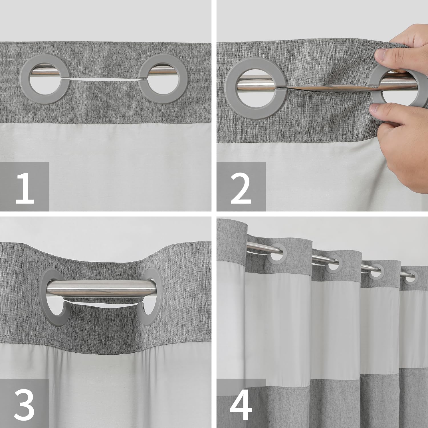 Eachope Long No Hooks Needed Linen Textured Shower Curtain With Snap-In Fabric Liner Set,Grey Hotel Luxury Decor Shower Curtains