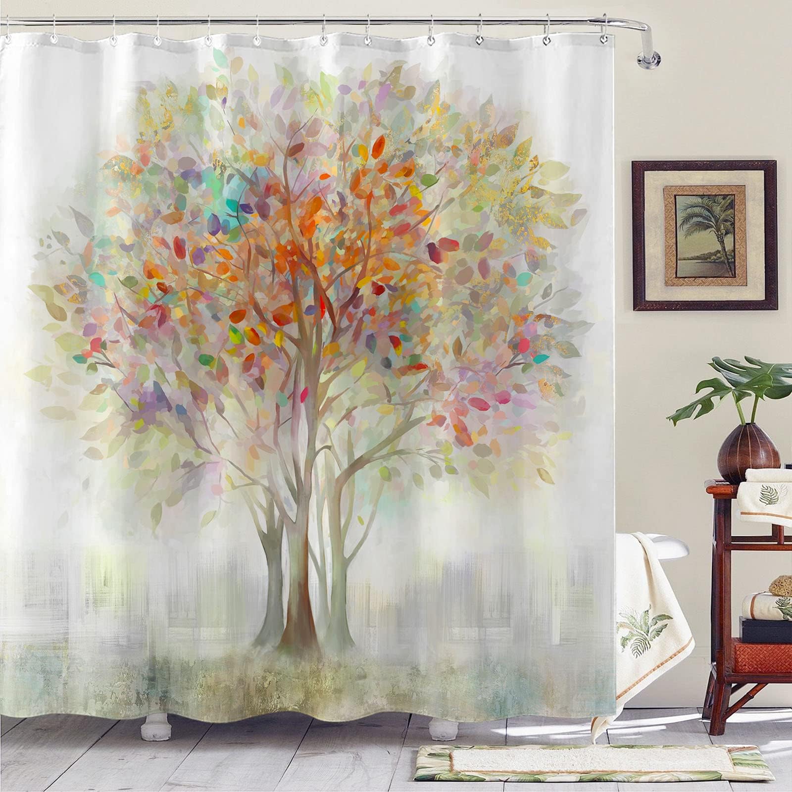 Kanuyee Colorful Tree Shower Curtain Shower Fabric Shower Curtain Flowers Shower Curtain Cloth Fabric Bathroom Decor Set With 12