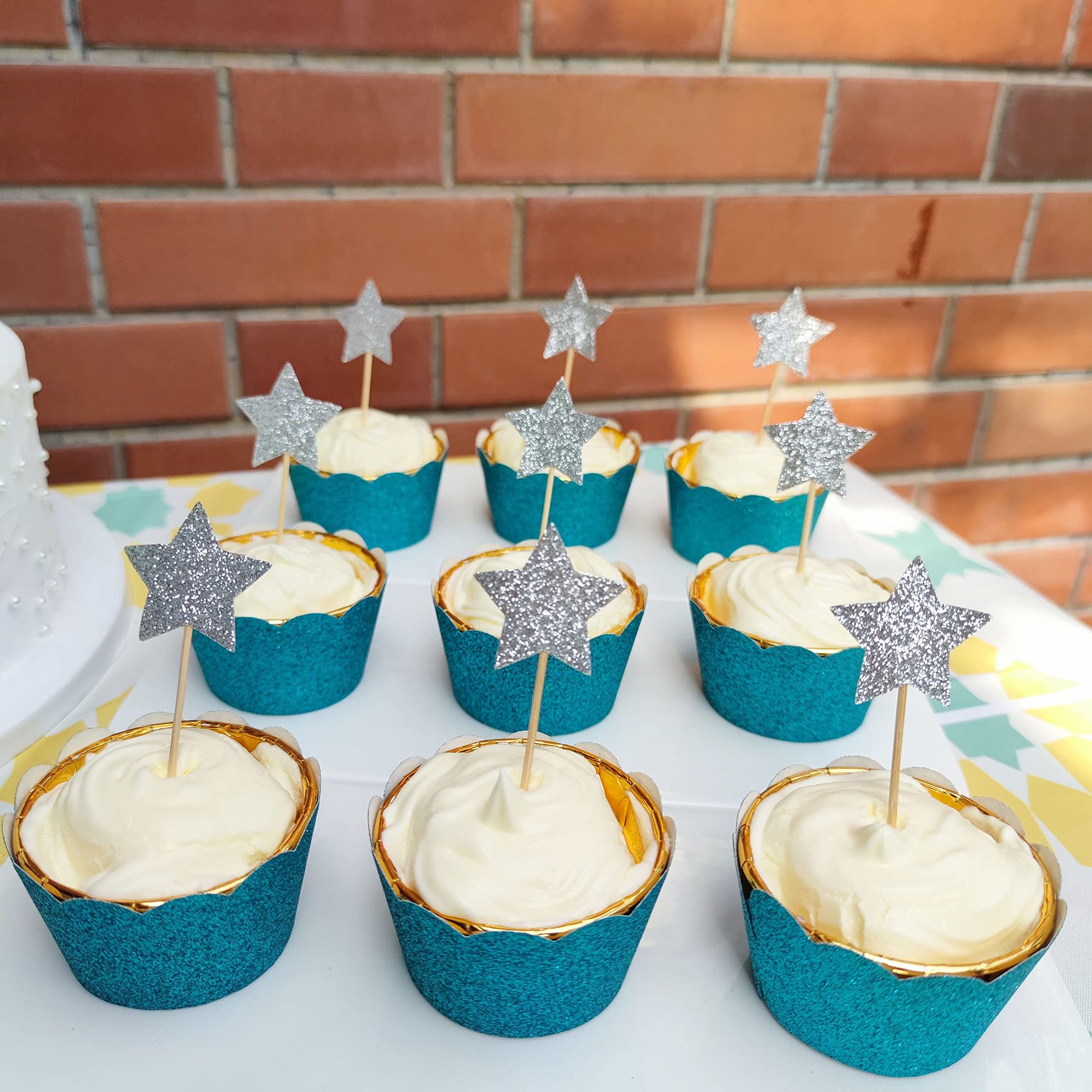 Mybbshower Teal Glitter Scalloped Paper Cupcake Liners For Wedding Birthday Bachelorette Table Decoration Pack Of 24