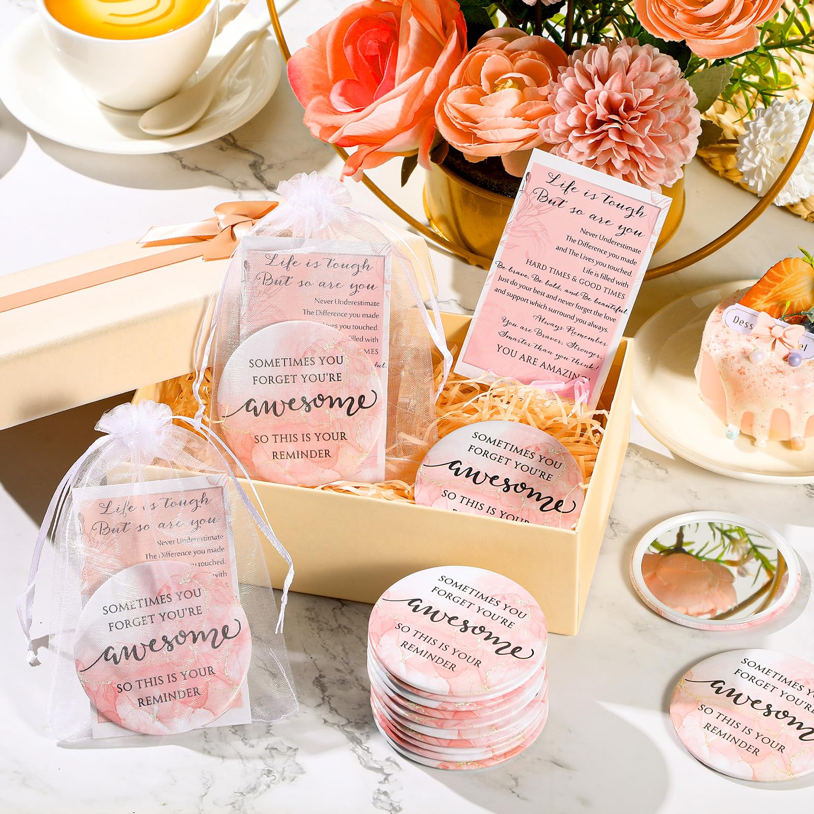 50 Set Inspirational Compact Mirror Bulk Appreciation Gifts For Women Mini Makeup Pocket Purse Mirror With Thank You Cards For C