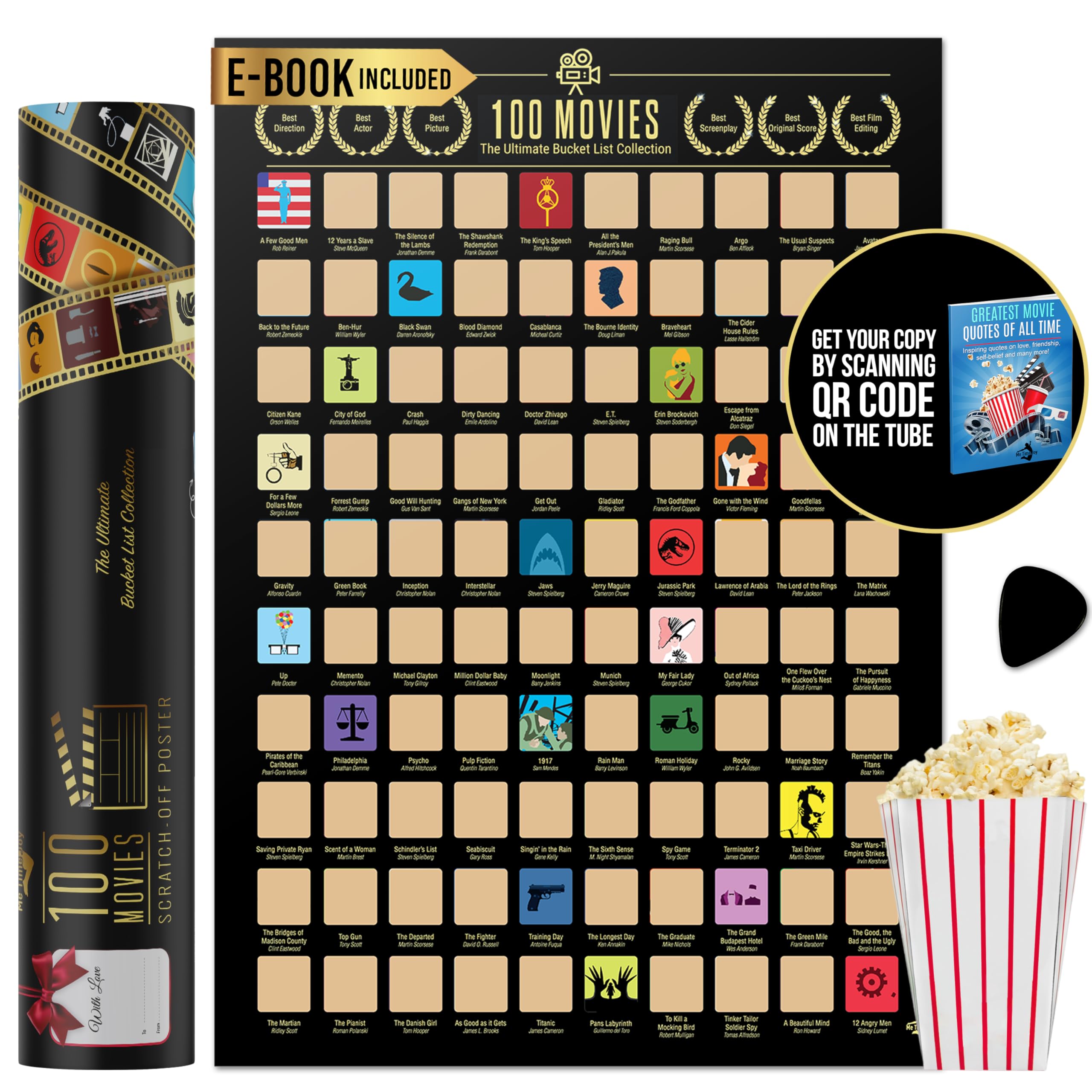 100 Movies Scratch Off Poster - Movie Scratch Off Poster - Easy Off Gold Foil - Includes Scratching Tool And Ebook -100 Best Mov