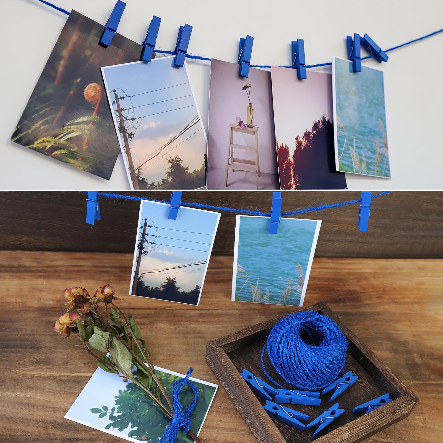 Hstech 100 Pcs Blue Mini Natural Wooden Clothespins And 82 Ft Jute Twine, Baby Clothes Pins, 3.5 Cm Craft Photo Clips For Home S