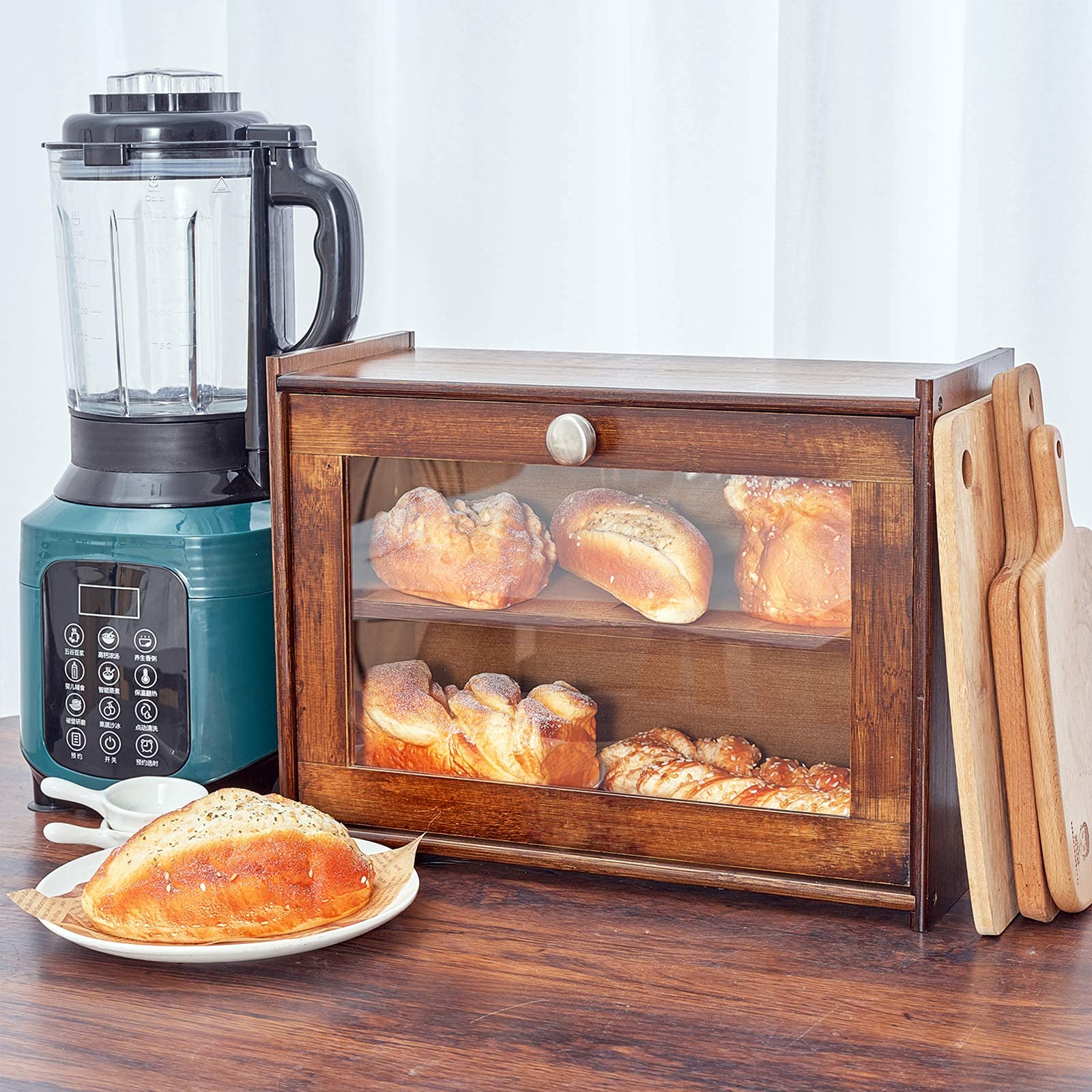 Worthyeah Bamboo Bread Box For Kitchen Countertop, Wooden Bread Storage Box With Transparent Window, 2-Layer Large Capacity Brea