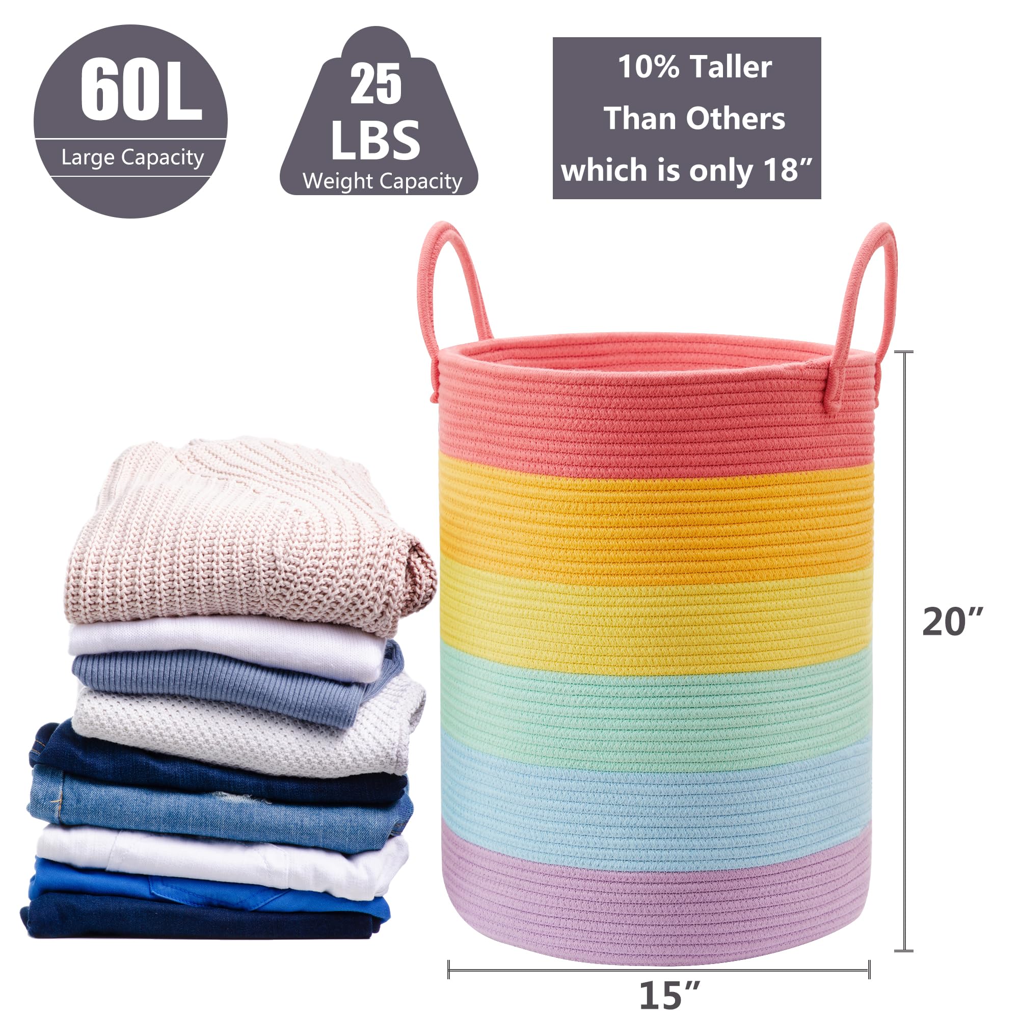 Mojoscend Rainbow Laundry Basket Hamper For Kids, 15Dx20H Inches Clothes Hamper For Girls Room, Toy Hamper Storage